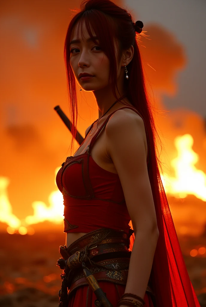 closeup cleavage,Female Fire Mage,Red and blonde curls,gossamer dress,Charming expression,low angle shot, 火焰,Fantasyart,detail-rich,电影灯光,real photograph,SLR camera,(Very detailed, reasonable design, Clear lines, High sharpness,Best quality, Masterpiece, 4K:1.2 )