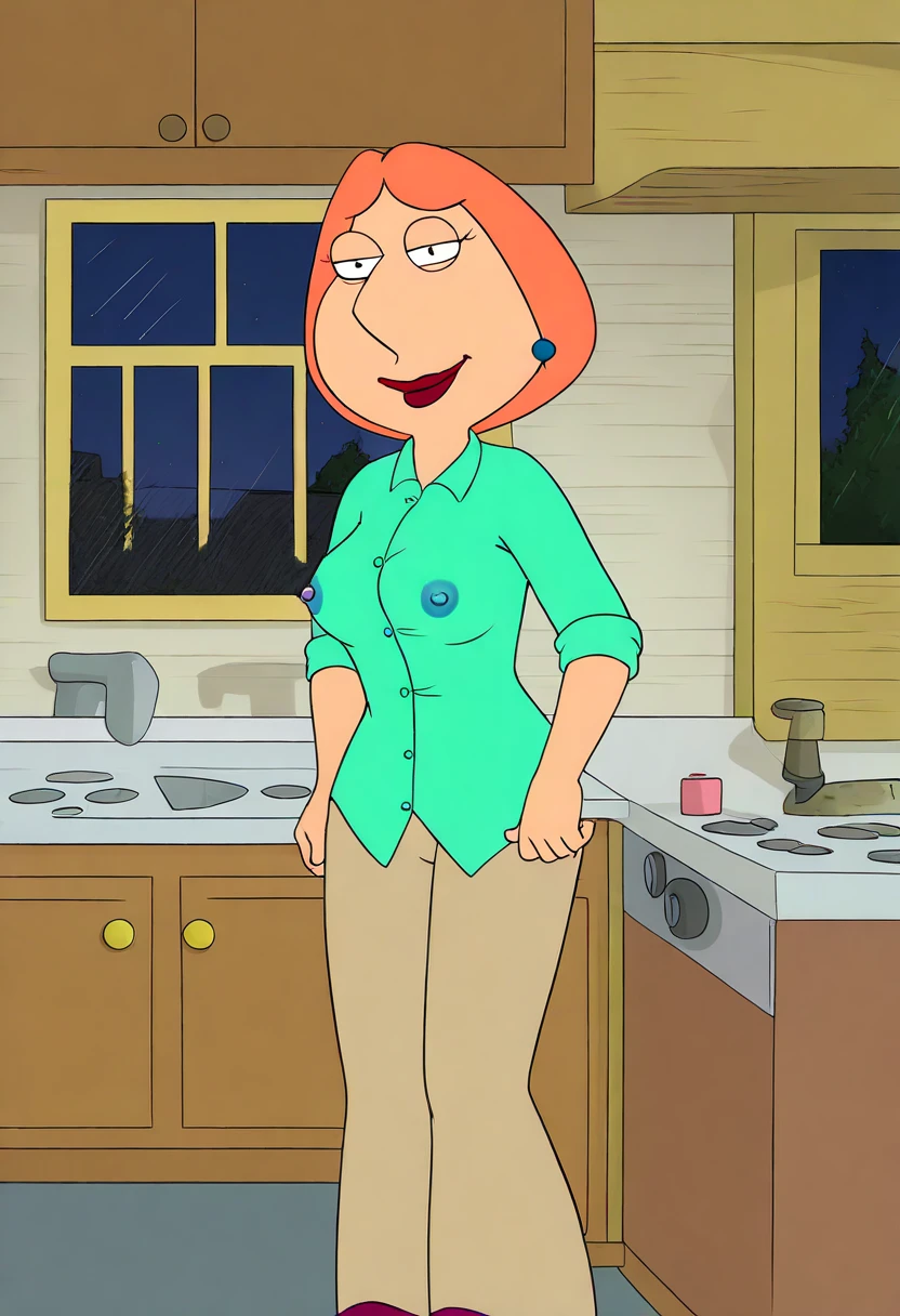 lois,1girl, blue earrings, jewelry, short hair, solo, lipstick, makeup, orange hair, aqua shirt, beige pants,looking at viewer, smile, outdoors, score_9, score_8_up, score_7_up, score_6_up, score_5_up, score_4_up, latex, rubber, latex clothing, shiny clothing, sweat, shiny skin, rubber skin, latex skin, extra shiny clothing, shiny latex clothing, null bulge, crotch bulge, bulge, hard nipples, nulge, big lips, plump lips, bimbo lips, shiny red lips, sadistic smile, solid rubber hair, sex doll mouth, big crotch bulge, big ass, huge crotch bulge, huge bulge, rubber hair, solid hair, perfect eyes, huge lips, horny, armbinder, hair block, arms behind back, bound arms, bondage, high heels, promiment crotch bulge, cock bulge, futanari, cock and balls in latex, cock and balls, cock, balls, penis, testicles, cock and balls in clothing, squatting, platform high heels, huge heels, very tall high heels, rubberized hair,
