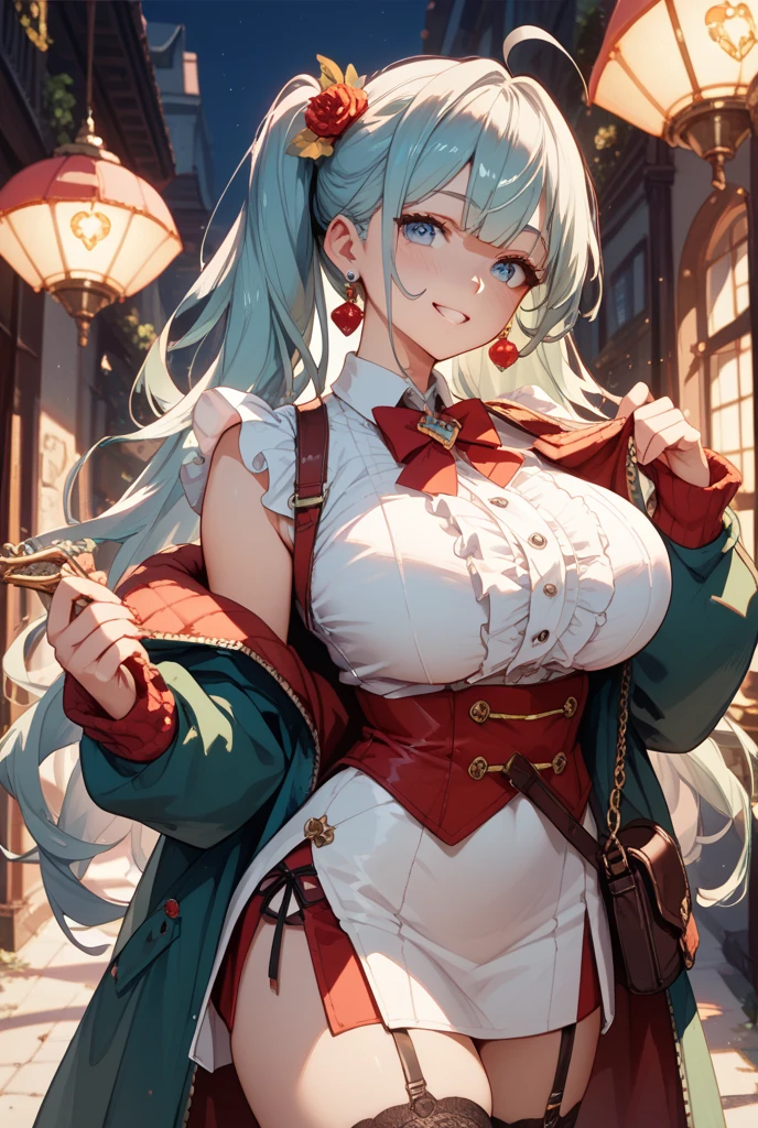 (Masterpiece, High Quality, Top quality, High-Detailed, Detailed CG, Cinematic Shadow, Cinematic Scene, Beautiful Detailed Eyes, Ultra Resolution, Depth of Field), Looking At The Audience, (Blush Expression:1.2), (Smiling Expression:1.2), (Erotic Expression:1.0), (NSFW:1.2), Red Eye, Blue Hair, Five Fingers, Two Hand, Good Composition, Curvy, (White Dress), (Long Sleeves), (Long Dress), (See-through Dress), (Panties), (Black Panties), (Cameltoe), Thicc Thighs, Thick, Large Breasts, Huge Breast, Outdoors, Dark Theme, Dark Atmosphere