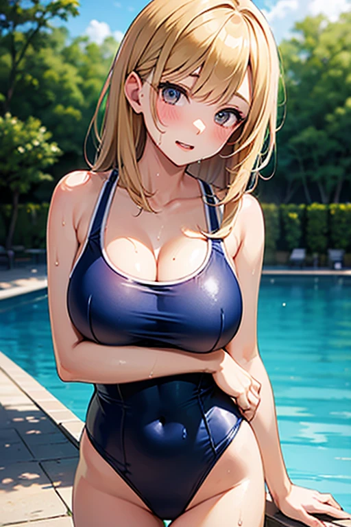 Photo taken outside the pool,Photograph the whole body,One girl、Marine Kitagawa, Masuzu Kitagawa Popochichi, Blonde Hair, Choker, Ear Piercing, 珰, Medium Hair,Twin tails,Wearing piercings, (Red Eyes:1.5), Straight Hair, Swept bangs, Gradient Hair,Blonde to pink hair,Beautiful Skin,Big Breasts,Cleavage,School Swimsuit,Navy blue swimsuit,Swimsuit,Swimsuit