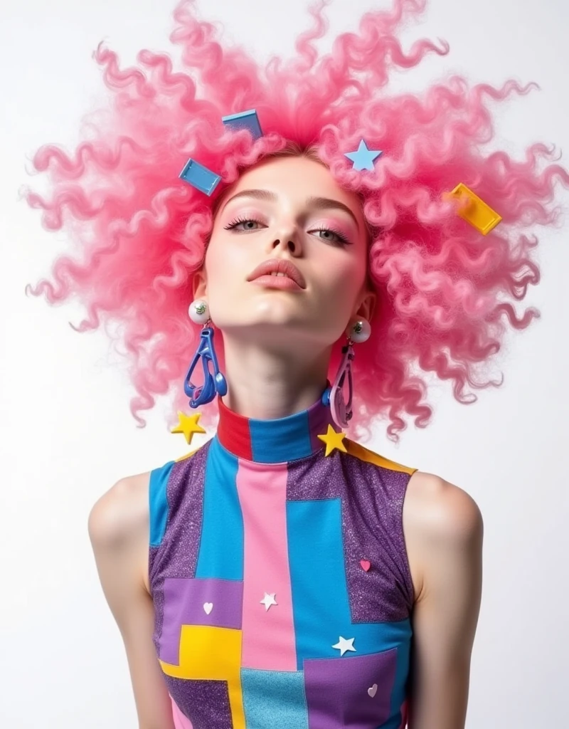 Portrait photo of a 13-year-old Czech girl, which provides an insightful, short, someone, shiny, trägerloses, neon yellow underbust corset with a tiny, narrow, narrow Bleistift-Dessousrock trägt, completely naked, Hourglass waist, rosa Overknee-Stiefel, very long wavy hair, Hair in long, high disco curls, hairband, Ribbon, Nipple pasties, multicolored rainbow hair, look at camera, sexy Pose, bedroom background, Contre-Jour, (filmic:1.5), realisti, Hyperdetailed, crazy details, Intricate detailing, Accent Lighting, soft volumetric light, bokeh, (dramatic light:1.2), (Neutral Colors:1.3), Cross process