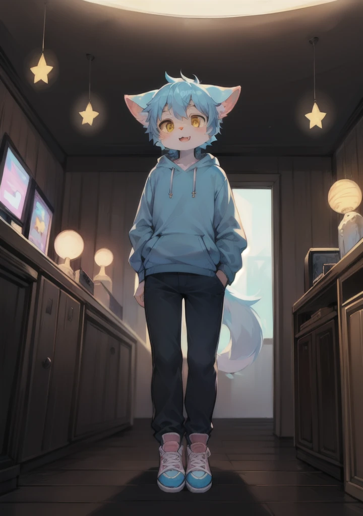 Normal scenario (Furry light blue fox boy), Standing，Facing the camera， ((Melancholy， Detailed face, Clear big eyes，blue eyes，Meticulous attention to detail)), Natural and soft lighting, 8K, SF Express, Autumn Light , peaceful , (Fluffy Paws), Front view，Wearing a shirt