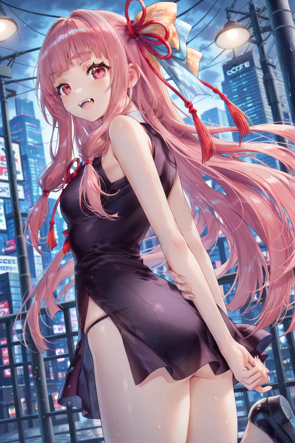 ,Optimal，masterpiece，High resolution，Highest quality，Hyper HD，Very detailed，Award-winning，16K，alone，（Upper Body），Correct Anatomy，Beautiful Cyberpunk Girl，Cowboy Shot、Cute Face，，Pink Hair、Long Hair、Twin tails、Braiding, Hairline，（（Scarlet Eyes）），Long eyelashes，Drooping eye corners，White skin，Shoot from the side, ((See-through camisole:1.5)), 、rocket , （Because I&#39;thin），

