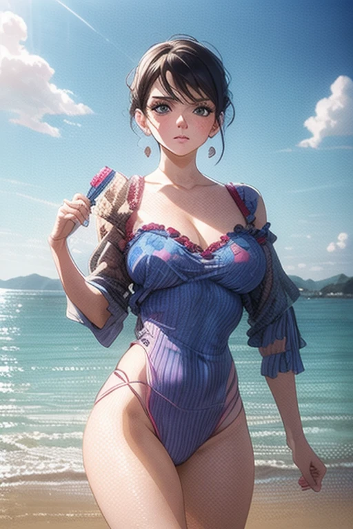 (work of art:1.3),(highy detailed:1.3),(high resolution:1.1),best qualityer,Ultra-detail,1 girl,beachfront,standing alone,beachfront towel,Lying sideways,Jelo-Leme \(Aquamarine\),breasts big,fake animal ears,比基尼,looking ahead at viewer,ssmile,