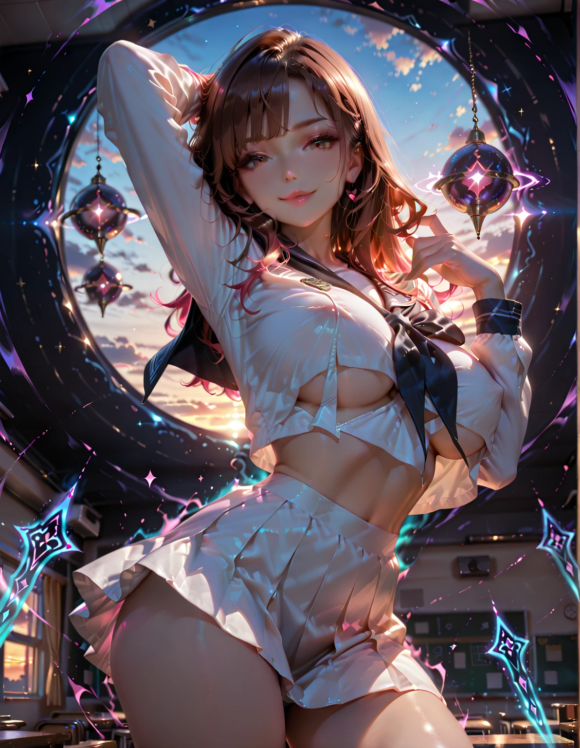 realistic, (masterpiece, excellent quality, highest quality, official art, beautiful and aesthetic: 1.2),(flight:1.4) very detailed, fractal art, colorful, more detailed, (abstract background: 1.5) (1 girl: 1.3), light brown hair, bright eyes, Hilarious, Hairstyle back, short hair, , milky way, Giant magic golden Sagittarius astrolabe, dream, fantasy, Golden trim, beautiful and detailed sky, Style and decoration, Female-only room, (Sakura Cardcaptor)