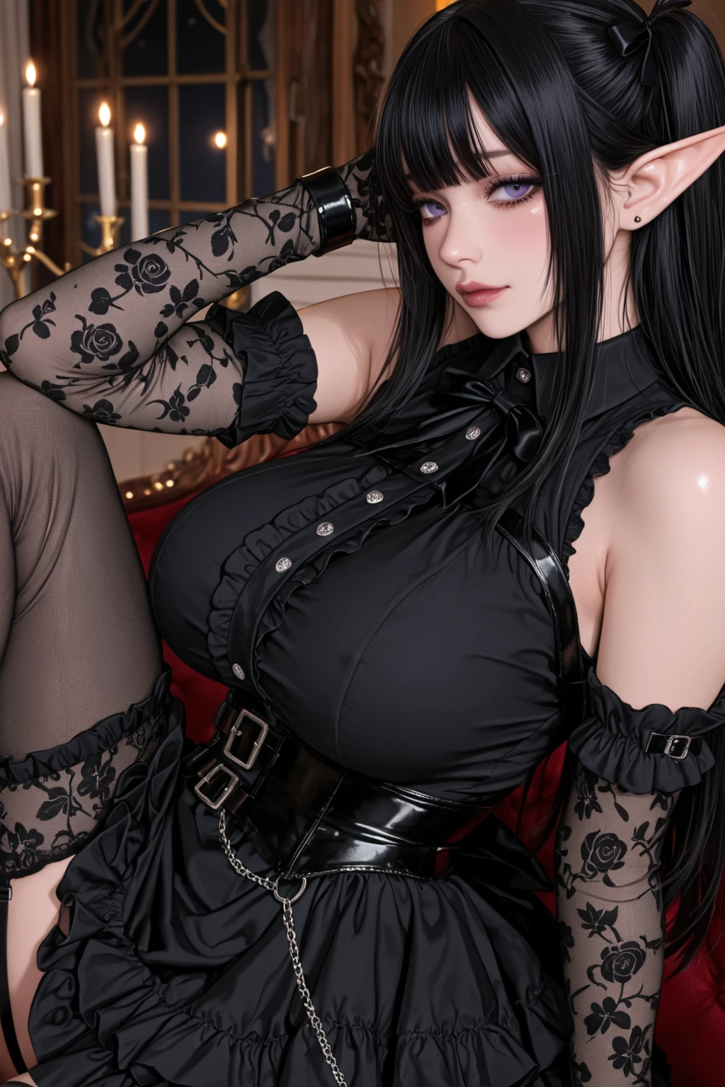 Nudes, Beautiful girl black hair blue eyes pale skin gothic makeup voluminous lips and big thighs and big legs with black stockings and detailed perfect slender body extra large oppais