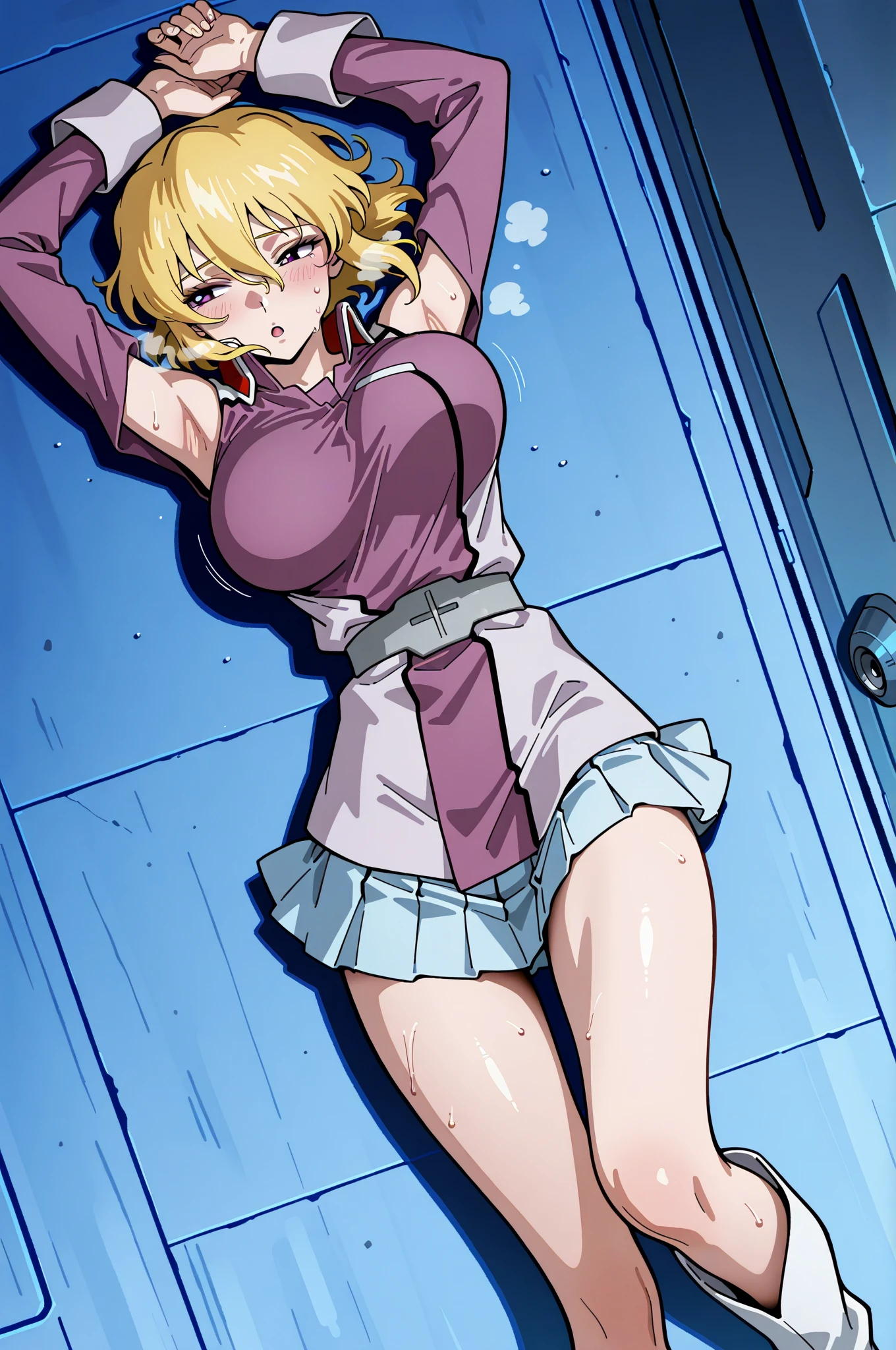 1girl, (Angle from below)、((On the balcony)), show off her breasts, (Blonde), (Tanned shiny Brown skin:1.3)、Glowing pink Eyes, ((evil grin)), ( girl), Black Hair、Cap, pink rip, ((((Long sleeveless shirt)), No bra、covered nipples, Sheer miniskirt、((Panties with horizontal stripes)), (small breasts), (jewelry))), (((close up penis))), ((The girl is wearing sneakers)), The girl has her legs on the man、Showing off her panties and making a man masturbate、(A man masturbates while lying down in front of a girl)、1boy, penis, (the boy is masturbation under the girl), eject cum:1.3、