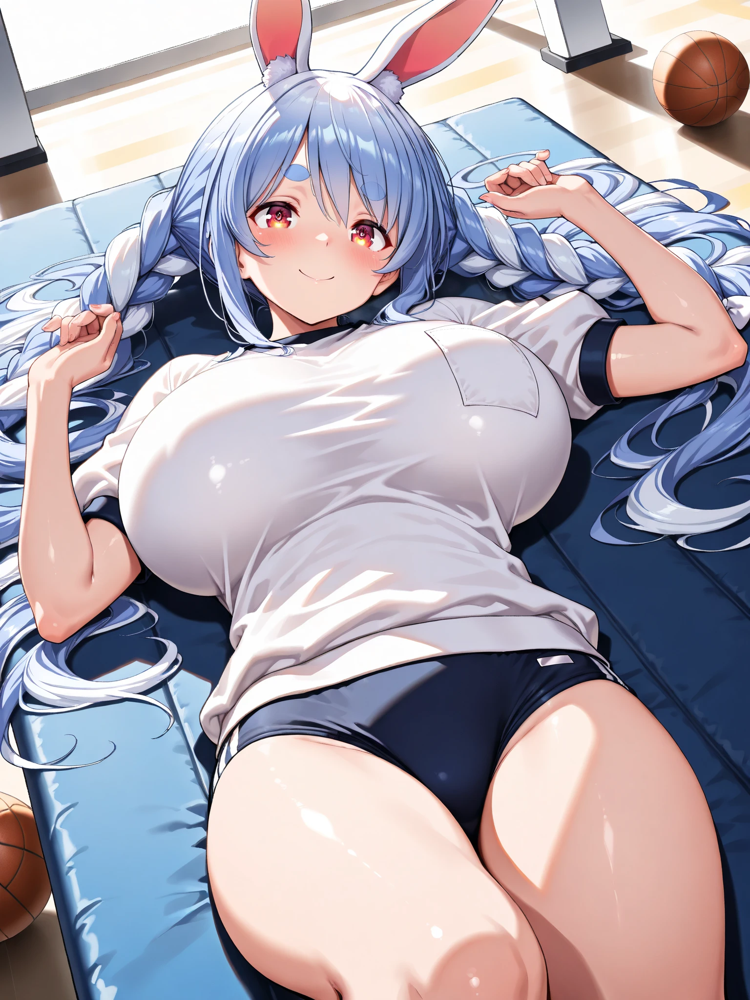 ((best quality)), ((masterpiece)), (detailed), perfect face, blue top, crop top, blue fitted legging shorts, huge breasts, huge ass