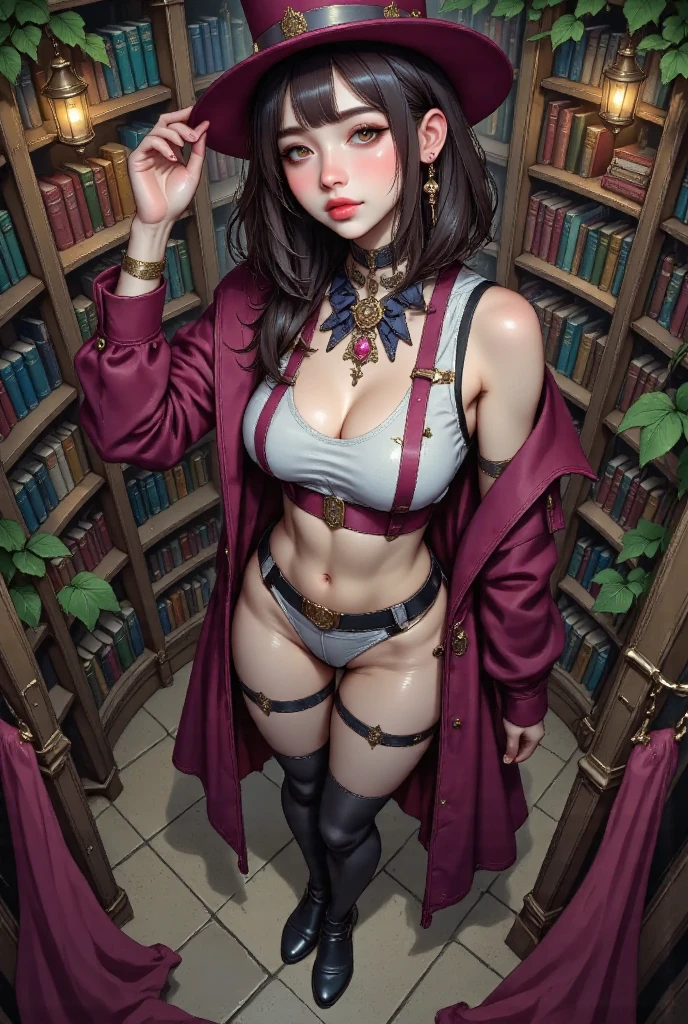 (best quality,8k),a beautiful young woman with perfect figure,very sexy,library sitting on books, open legs,sitting,medium size boobs,highly detailed face and skin,detailed eyes, brown hair, lingerie, boobs and covered with transparent lingerie, nsfw