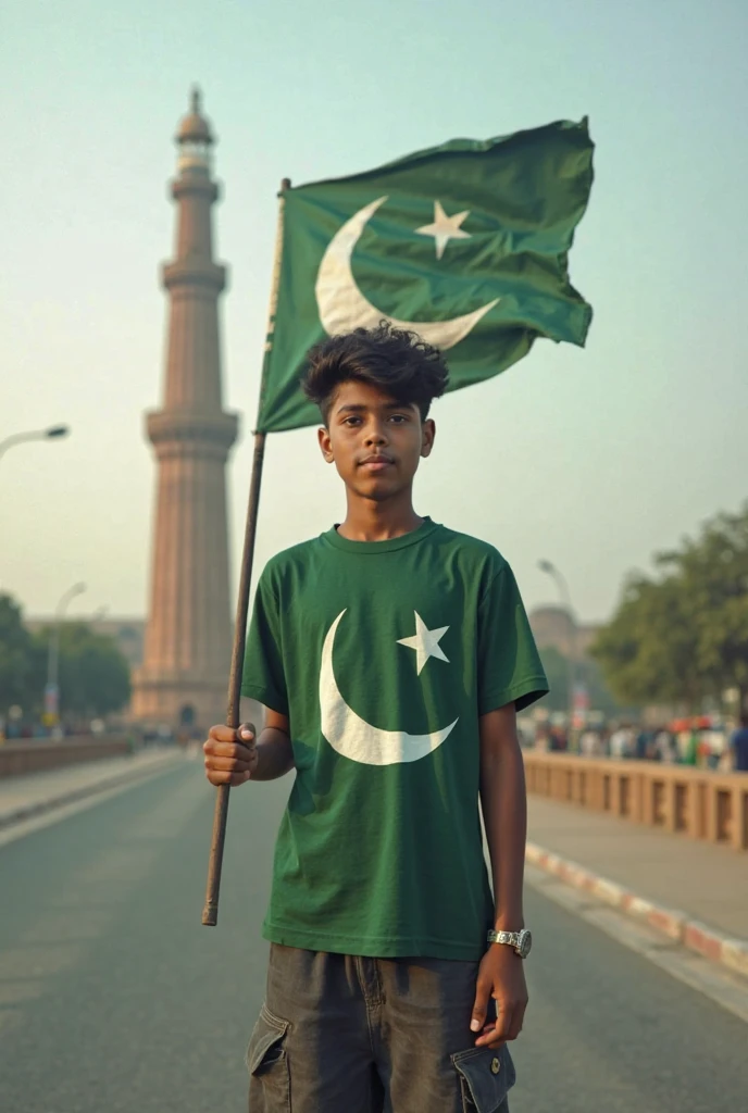 Generate a realistic  24 year old boy, wearing white casual shirt and black jeans and sneakers and the name "Kon Murshid ?" and written on his shirt and boy is Standing  on the road with holding a national flag of Pakistan, and  And written on sky create realistic image.
