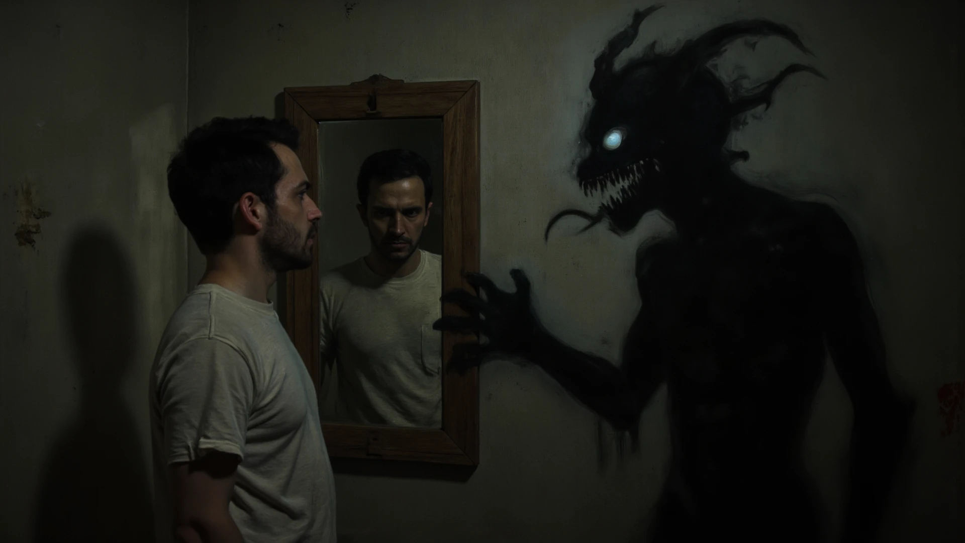 Jhon comes out of the shower, He looks in the mirror when suddenly in the mirror he sees the reflection of a wolf, bewildered he falls to the floor and begins to hear voices throughout the bathroom, scared he starts screaming and looking for his medicines, When he takes a large dose he falls to the ground hitting his head and fainting immediately.