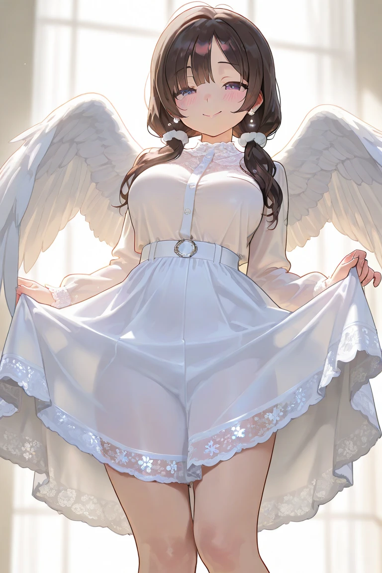 (masterpiece:1.3), (absurdres:1.3), (best quality:1.3), (ultra-detailed:1.3), snow, (((Snowfield))), full body, waving, smile, 1girl, nagisa-fi, halo, white wings, long sleeves, white dress,Gothic Lolita maid outfit、 mini skirt、capelet, white skirt, black pantyhose, white high heels,Big angel wings、Big Wings、Floating in the sky、Floating in the air、Ultra-slim legs、((Amazingly cute))、White panties are visible、Wears thin-framed glassey panties are stained with my love juices、Glasses、
