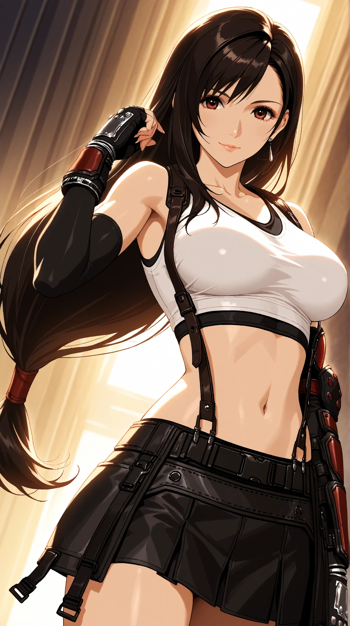 score_9, score_8_up, score_7_up,,BREAK , ,from high,high view,dutch angle,,contrapost pose,(upperbody) ,,straight-on,Solo,1girl, tifa lockhart, final fantasy,black hair, low-tied long hair, red eyes, bangs, (white tank top,gap),High exposure,Belly exposure,the ribs,(belt, pleated skirt, thighhighs, elbow fingerless gloves, elbow pads, midriff, navel,suspenders.skirt),beautiful waist ,(large_breast:1.3),:o,hand on own hip,daytime,outdoor,(ultra detailed),(best quality),(aesthetic,very aesthetic),UHD,photorealistic,game cg.extremely detailed CG unity 8k wallpaper,photorealistic,depth of field,,,