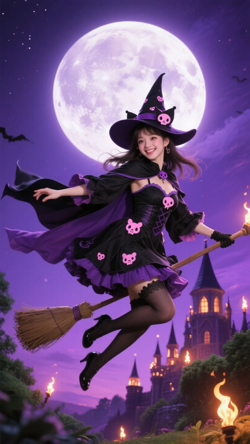 /*Quality writing*/
of the highest quality, 16 K, masutepiece, hyperdetailed face, very detailed lips, Detailed eyes, Realistic pupils,
BREAK,
/*Characters and expressions*/
(Extremely beautiful girl:1.3), Asian Girl, 1 girl, Light on Face, 18 years old, (((Very sweet smile))),
BREAK
/*garments*/
(Gothic fashion:1.1), See-through, Fluffy ruffles, (Gothic Maid:1.1), (Bright Purple Rouge:1.2), (Bewitching costumes:1.3), (Purple and yellow shades:1.2), (Extravagant ruffles and lace:1.2), (voluminous skirt:1.3), (Emphasized sufficient cleavage:1.1), Enjoy Halloween, (witch's hat), (Golden Pendant Necklace),
BREAK
/*Pose*/
(Lift the hem of the skirt, Lift the hem of the skirt with both hands, Lift the hem of the skirt yourself), (Show panties:1.3), nice hand, Perfect hands,
BREAK
/*Angular posture*/
(Sparkling night sky:1.2), (Festive carnival atmosphere:1.3), (lots of flower:1.2), carnival, Halloween, Town, (Halloween Party:1.2), jack-o-lanterns, Bat, Looking at Viewer