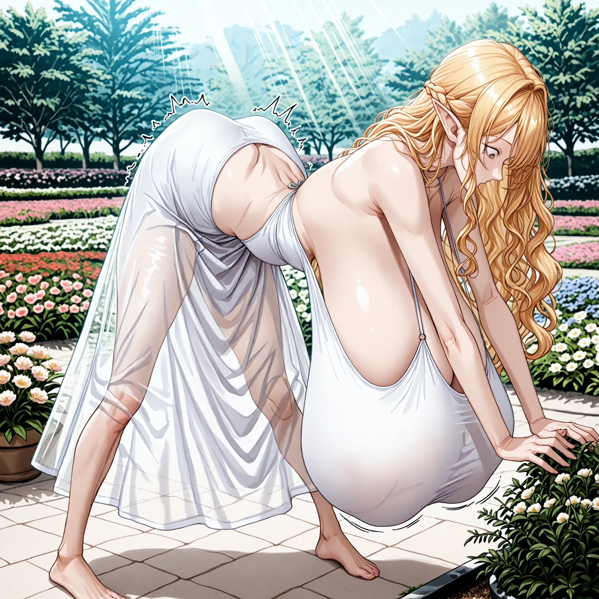 SFW,masutepiece, Best Quality, High resolution, 1girl in, Full body, Details Girl, detail hands, Detail fingers, Detail Face, detail 1girl in, elf, Looking down, Flower Garden, healthy skin, ((very skinny:1.3)), Blonde hair, Long hair, Wavy Hair, , white sundress, Bare back, bending over, Planting trees, short skirt, (tall torso) (gigantic breasts) (covered breasts:1.5), (pain emotions:1.2), (back pain sound effects:1.2), shocked emotions, transparent dress, sunlight shafts through dress, , perfect lighting, cinematic composition, highly detailed, photorealistic, 8k, best quality, masterpiece, (hands on back pose) (hanging breasts) (massive cleavage)