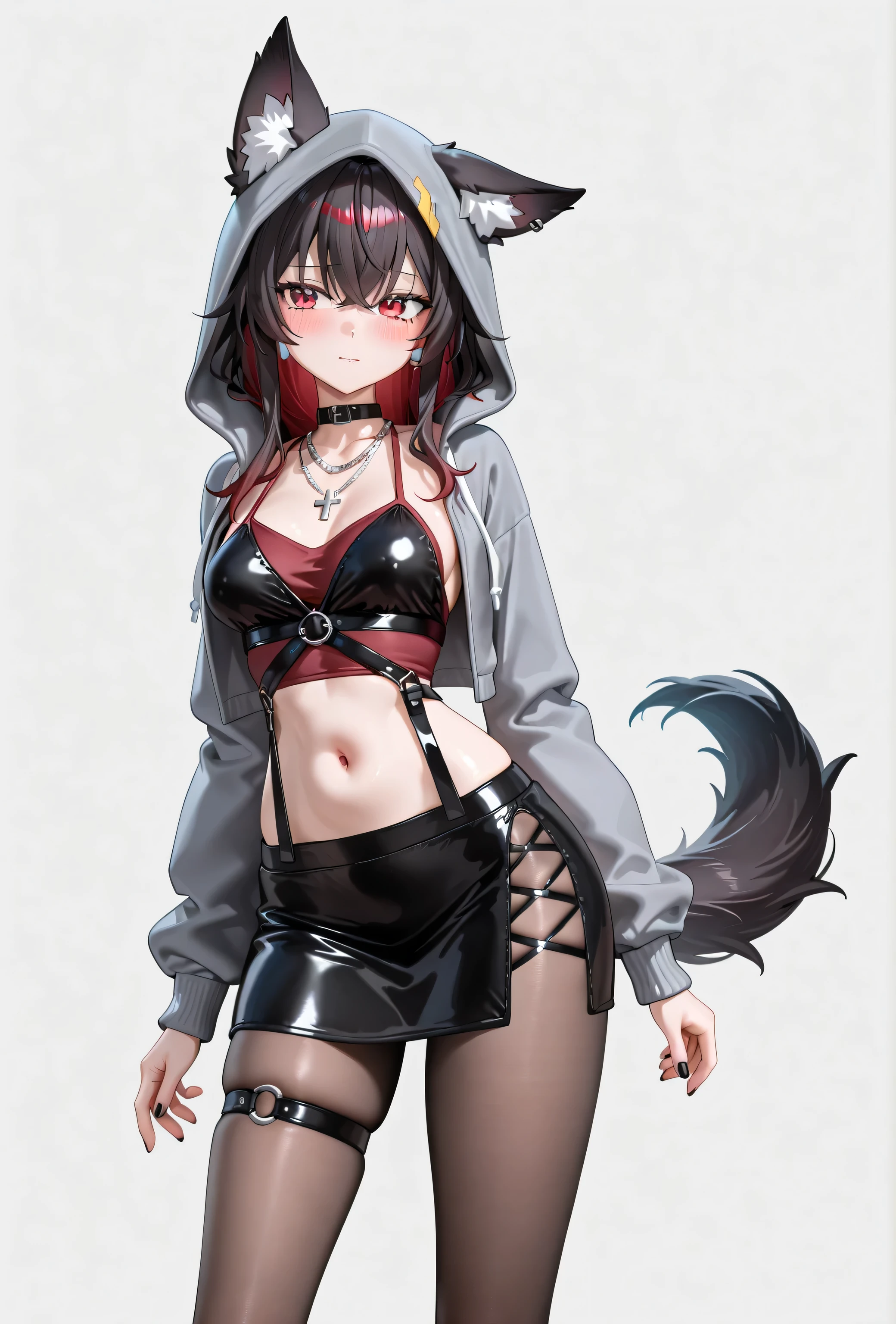 accurate human body structure 、8k,masterpiece, top quality, anime girl , Exquisite and beautiful, earlobes over a bikini 、 _ Picture 、 obscene、 high school students 、 horny girl 、 slim body、 embarrassing、Shy、( girl 1 、red and blue odd-eye、Red left eye、Blue right eye、black cap、Wolf Ears、hooded black leather jacket、Silver Necklaces、dark red camisole、belly button out、I'll give you a skirt、Waist strap、tail、damage tights、 Cross Bangs 、dark haired