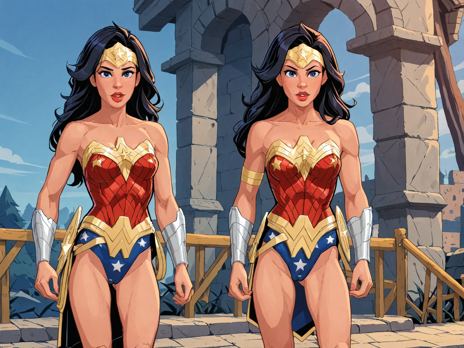 wonder2, ((long black hair, glowing blue eyes, makeup, narrow waist, skinny, medium breasts)), pelvic curtain, ((bracer, jewelry, star, earrings, Wonder Woman Standard Uniform, tiara)), full body, perfect body, (insanely detailed, beautiful detailed face, masterpiece, best quality) , (((solo))), (((1girl))), (((mature))), (extremely detailed 8k paper CG wall unit: 1.1), (Inside a captivity, night), (smile face for the viewer), open_mouth, cry, Wonder Woman Tied Up by the Yellow Bow of Truth, bondage, Arms and legs tied, arms are tied behind the back,