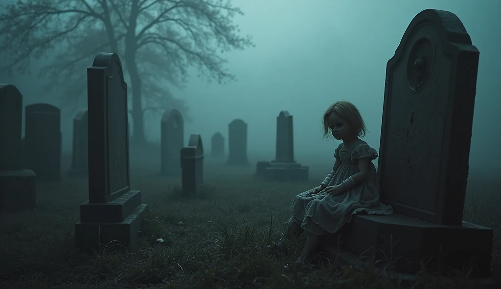 The image shows a dramatic illustration in monochrome tones, where the style is reminiscent of a charcoal drawing. In the center, there is a girl of about 10 years old with long, black, disheveled hair, which falls over her shoulders. Her face, with a sad and melancholic expression, with large eyes full of sorrow, dominates the scene.
The girl is sitting on what appears to be a grave in a cemetery, hugging her knees. She is wearing an old, worn dress, which reinforces the feeling of abandonment and sadness. Around her, there is a dark and gloomy cemetery, with multiple tombstones arranged in rows that disappear into the distance. In the background, a Gothic-style church rises, contributing to the gloomy atmosphere of the scene.