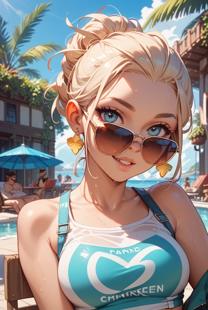 (master part), best quality, olhos expressivos, rosto perfeito, Portrait of cute model wearing swimsuit, olhos bonitos, efeitos de catchlight, sorriso deslumbrante, Praia, suar, estilo niji, anime, Cartoon, Pixar, 夏天, Destaque ensolarado, global ilumination, recursos intrincados, altamente detalhado, digital illustation, Rastreamento de vray, HDR, 8k