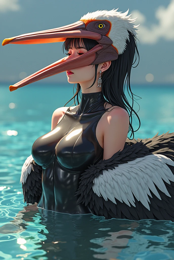 Serene, a sexy female anthropomorphic American Red-Crowned Crane in her red bikini, is Sandwiched between 3 giant beach balls in a giant Inflatable water walking ball.
