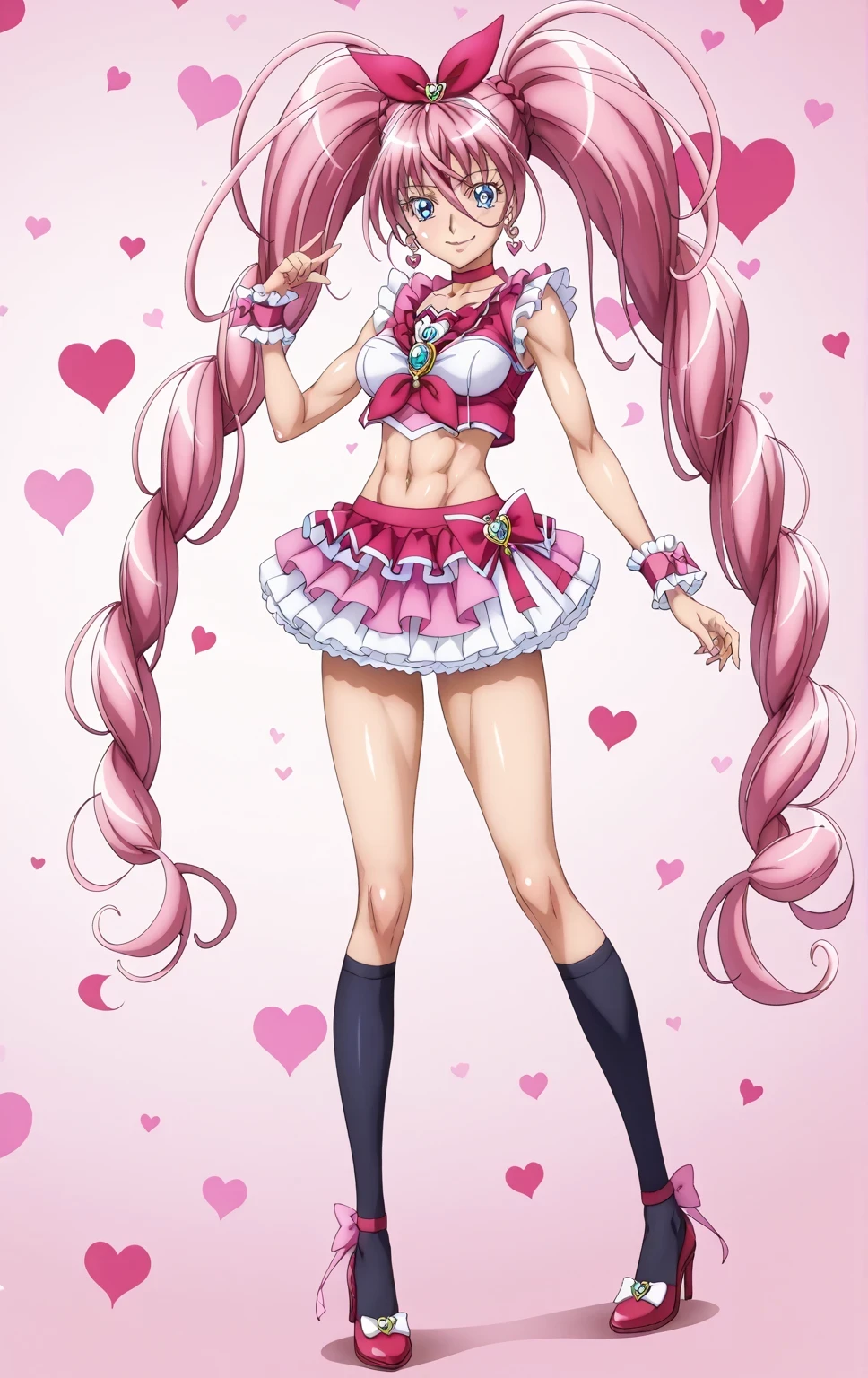 score 9 、score 8 up、score 7 up、source anime、傑作、best quality、best resolution、best image quality、Very detailed face、Very detailed eyes、詳細なディテール、anime coloring、anime screencap、anime screenshot、1girl、cure melody、female character is wearing a pink and magenta dress、beefcake standing、pink hair、high twintail hair、very long hair、blue eyes、Eyebrows visible through hair、bangs、eyelash、shiny hair、head bow、heart earrings、hair ornament、solo、zodiac girl、magical girl、portrait zodiac girl、long legs、big breasts、covered breasts、very large breasts、covered boobs、large boobs、tall girl、bare shoulders、bare arms、bare thighs、and pink mini skirt、white mini skirt、frilled skirt、layered skirt、white mini skirt under the pink and magenta mini skirt、magenta skirt bow、frilled collar、wrist cuffs、red neckwear、red choker、jewelry、heart ブローチ、black legwear、black thigh high socks、red footwear、red high heels、frilled crop top dress、!!full body portrait!!、 magical girl style、brave beautiful、magical aura、brave sexy、anime princess、official anime style、lewd anime style、official anime artwork、cure melody outfit、王女としての王様讃美歌、collarbone、navel、abs、midriff、stomach、covered trapezius、biceps、biceps long head、biceps short head、triceps、triceps medial head、triceps lateral head、triceps long head、brachioradialis、covered deltoids、thigh muscles、covered semitendinosus muscles、covered adductor magnus muscles、brave smile、sexy smile、perfect body、perfect hands、perfect arms、perfect legs、looking at viewer、female focus、cowboy shot、beefcake style、pink background、
