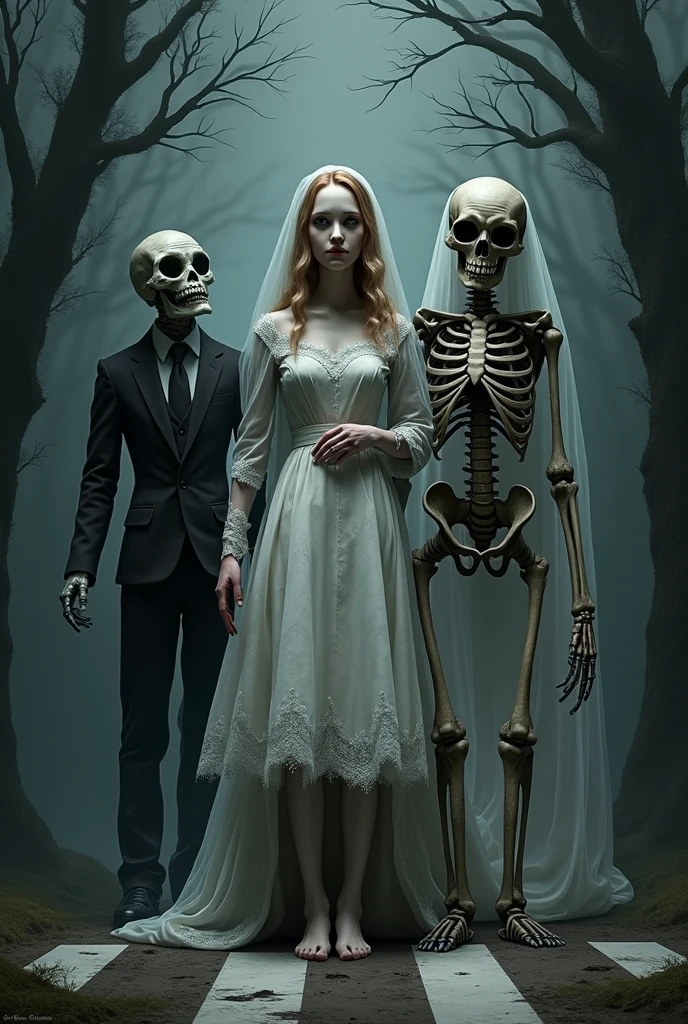 A haunted house, with a scary ?????? bride in front, and 3 skeletons next to her