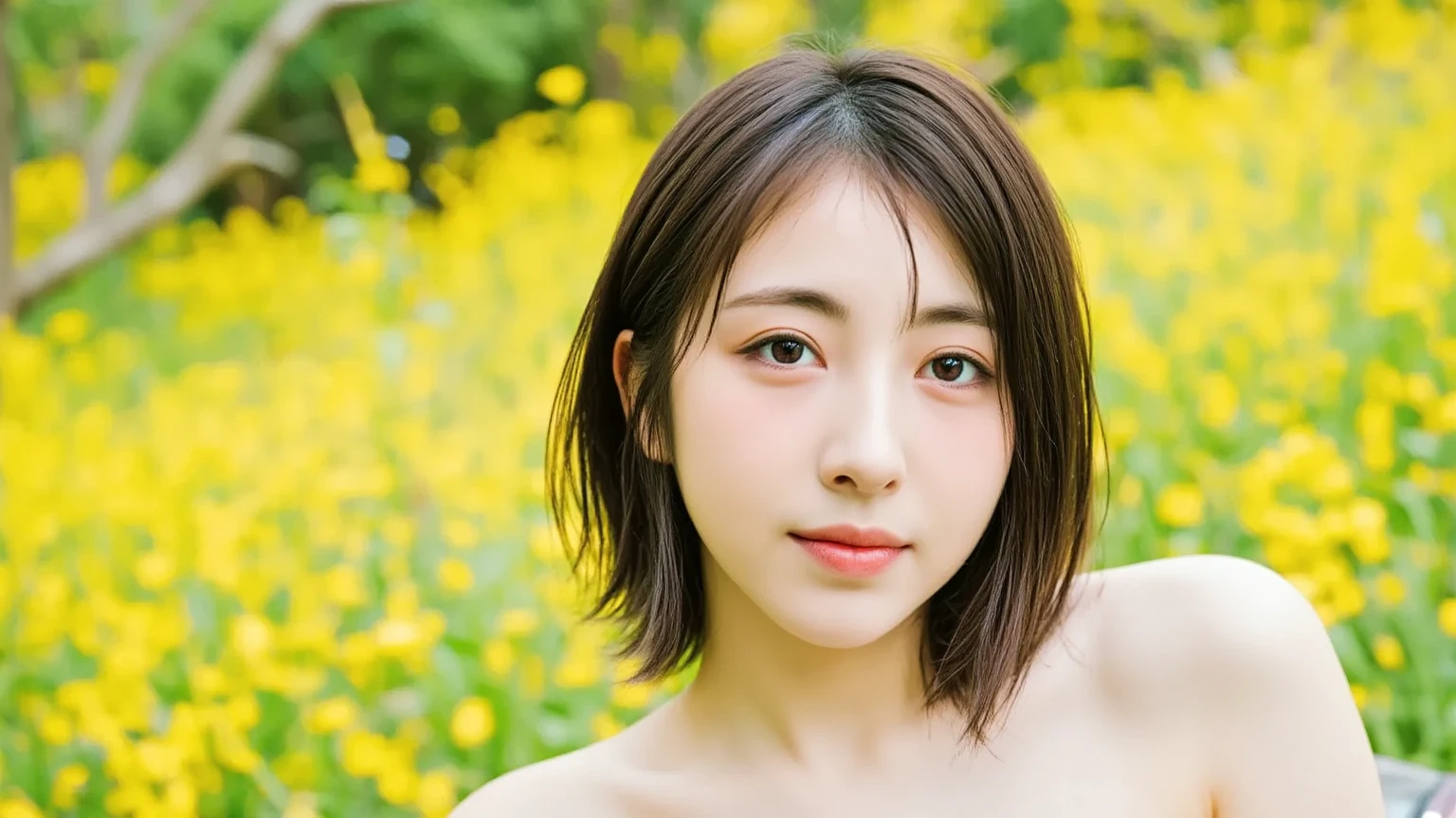 ((Exposing breasts 1.6))),(((Exposing breasts 1.6))),(((Exposing breasts 1.6))),masterpiece, Highest quality, 8k, Absurd, Beautiful medium long bob hair,Woman in her late 20s, That shy expression is cute, (Sensual Style),((Seven episodes were filmed...............1.4)), (Nude 1.5), No makeup, The near road and the far road, Written boundary depth, Surreal, High resolution, photograph, Sharp focus, Face lamp, Dynamic Lighting, highest detailed, ,Extreme detaileds、Super detaileded、detailed、Real Skin、elegant features、Positive and optimistic、(The background is a colorful flower field)