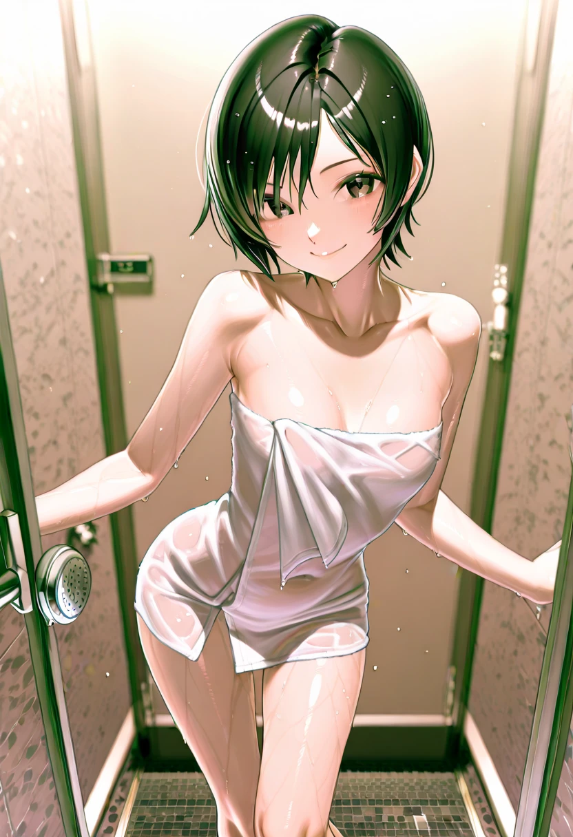 、(masterpiece、Highest quality)、Highest quality, Ultra-high resolution, (((masterpiece))), alone, Sweat、Big eyes, Composition from the front、Shortcuts、Embarrassed face、Bronze colored hair、Cut the back hair short、Bathroom、Shower scene、 Expose、Completely naked、pubic hair、belly button、Large areola、Nipples、short hair