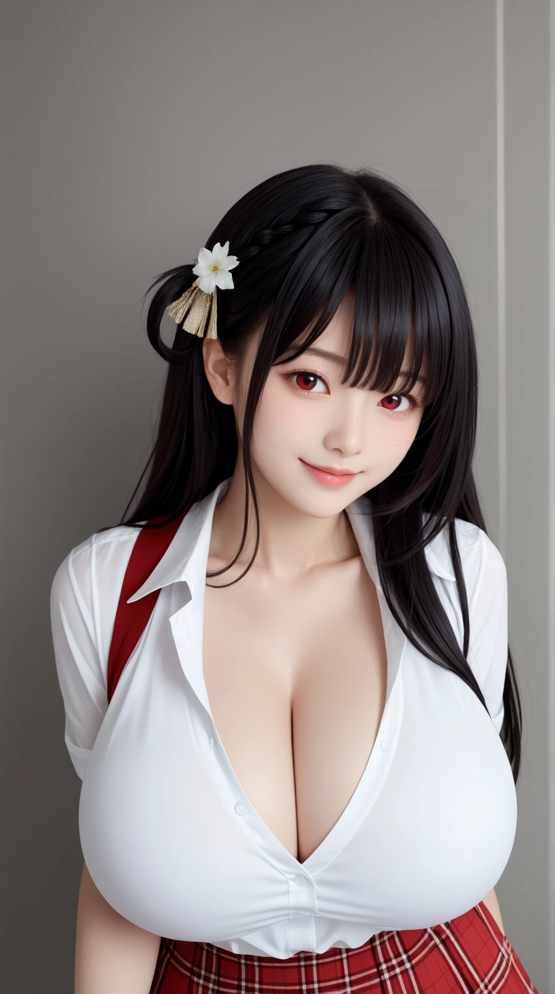 ((Best Quality)), ((masutepiece)), (Detailed), Perfect face A detailed face cleavage of the breast red eyes long, thick black hair Blunt bangs Solid background color She wearing a black and red blazer and miniskirt.。