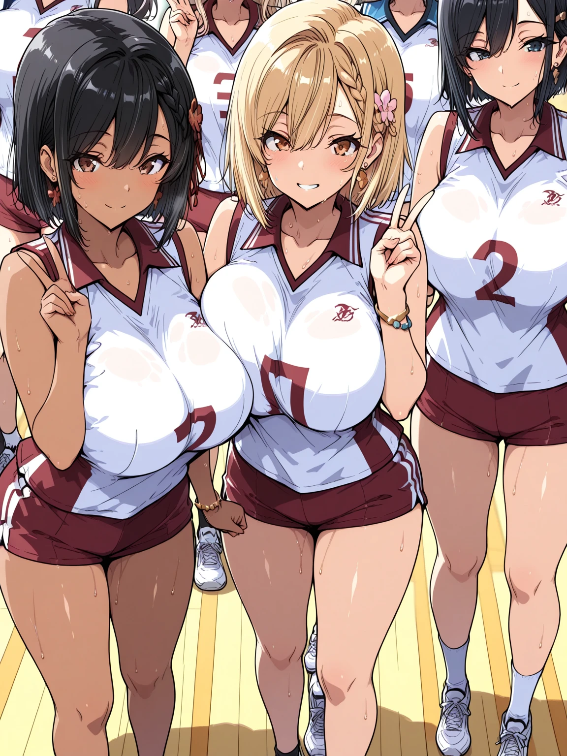 best quality, 4k, masterpiece, ultra-detailed, studio lighting, cheerful, vibrant expression, ((sexy tennis player trio lined up)), gigantic breasts, cleavage of the breast, a blond, teats, thighs thighs thighs thighs, white uniform, very small uniform, uniform was wet, Dark skin, ladies, Brown hair, curvy body, ((sfw:1.3)), anime cels style,
