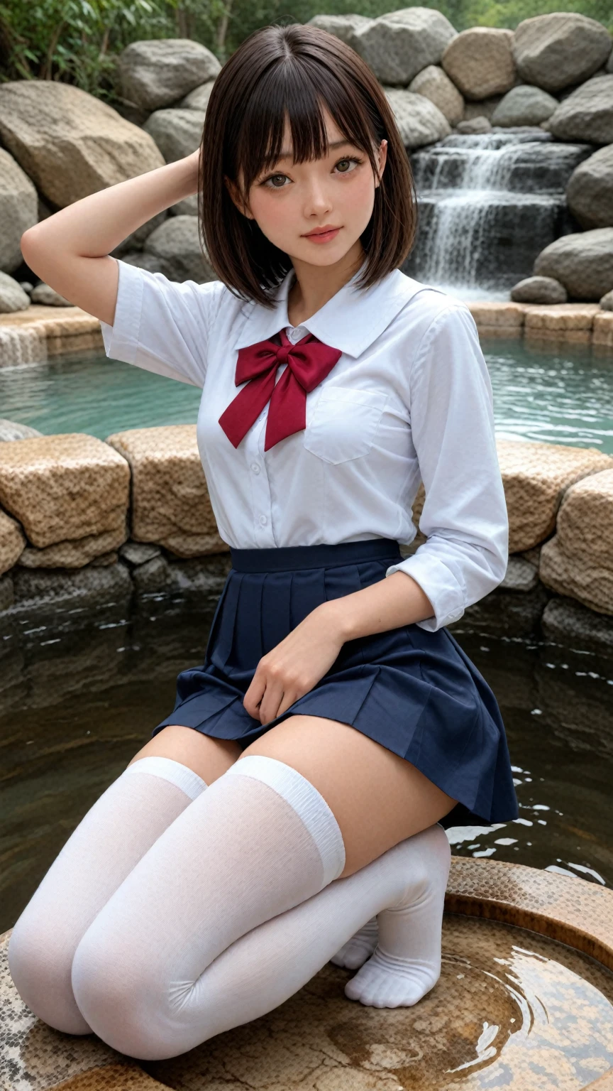(masutepiece), Mature Schoolgirl, Sexy, posterior, Floral lace underwear, Natural light, Photorealistic, Cameltoe, diffuse glow, depth of fields, White skirt, steam, (Lift skirt), (Urination), Lifelike