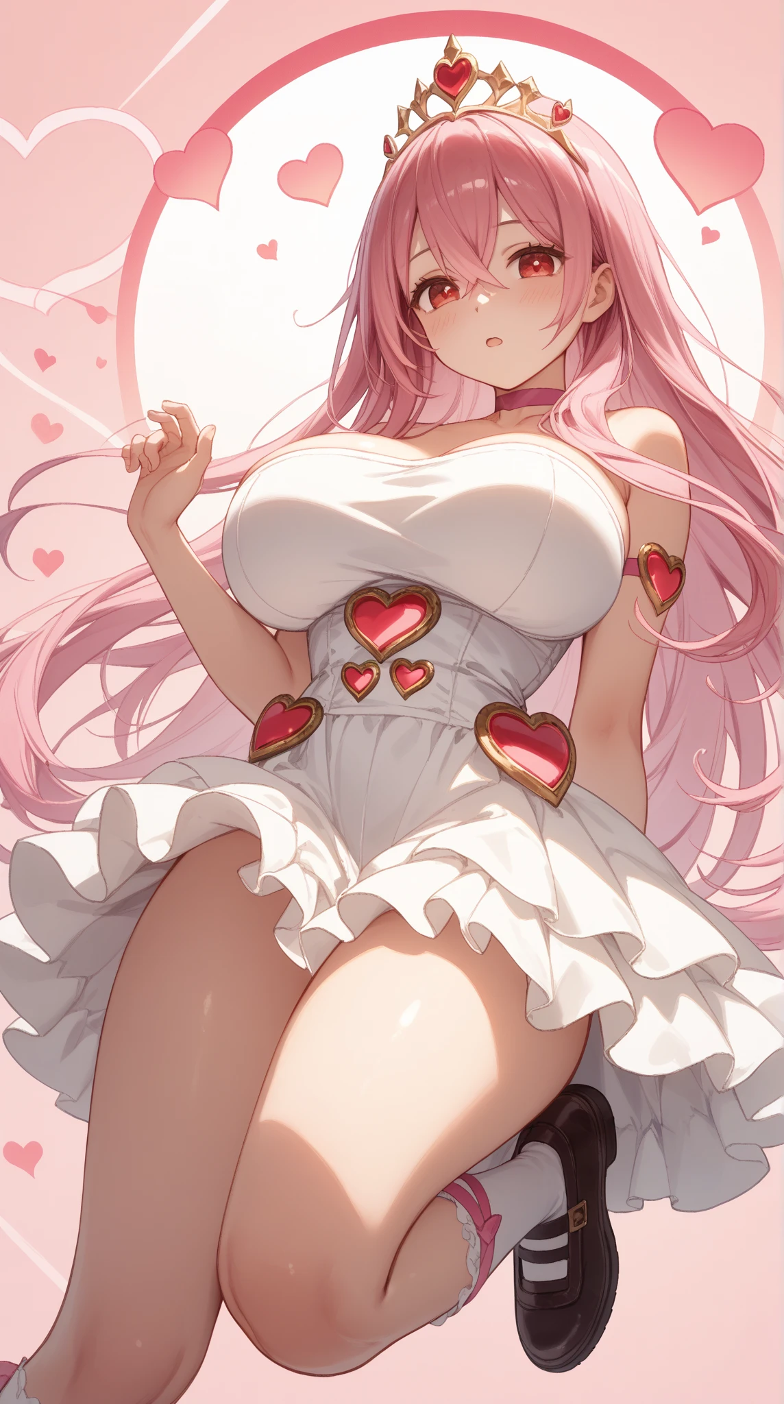 Asuka Langley , giant breasts, giant ass, very curvy, Strawberry blonde with curly bangs, pastel pink eyes, full lips, seductive, soft smile, white flowy dress with long puffy sleeves, elf ears, flower crown, thick thighs, curvy physique