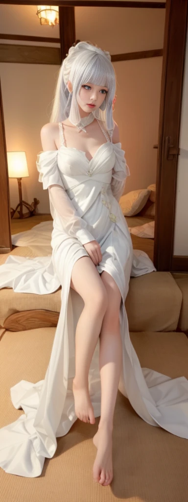 Woman White hair Golden eyes White skin White clothes Bed Bedroom Side braids Open legs High quality Masterpiece