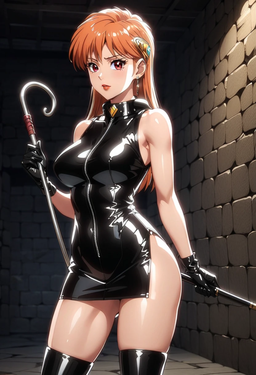 女性1 person、super detailed photos, Full body photo image、(((black shiny latex bondage suit)))、(from below:1.3)、 brown hair, brown eyes, long and high ponytail, hair band, 1 person、25 years old, japanese mature, beautiful fingers, beautiful long legs, beautiful body, beautiful nose, beautiful character design, perfect eyes, perfect face, jewelry, See-through, looking at the viewer, hair ornaments, choker, shy, (smug:1.6)、king of fighters,(((Has a black super long whip:1.5)))、
(table top, highest qualityの, highest quality, beautiful and aesthetic: 1.2), very detailed, more detailed,proper body proportions,table top,Super high quality output image,High resolution,intricate details,very delicate and beautiful hair,realistic pictures,dream-like,professional lighting,realistic shadow,focus only,sexy pose,
(big breasts:1.2,) , floating skirt,
Stiletto knee high long boots、anime one、from below、(((depiction of prison)))、(((close your mouth)))