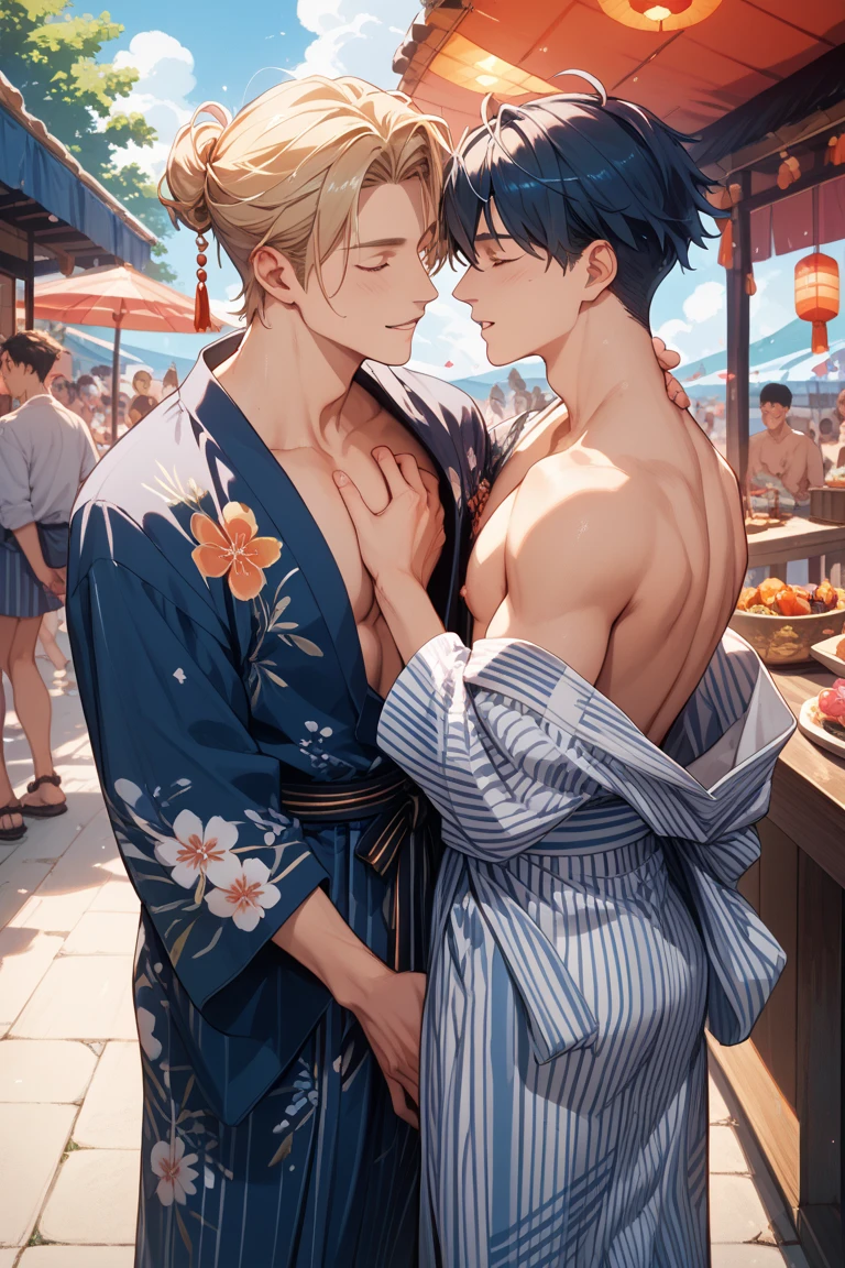 masterpiece, best quality, malefocus, (two boys: 1.3) kissing at a luxurious cyberpunk onsen, (kissing: 5), malefocus, solo, abs, skinny, messy hair, seductive, lean, toned boy, twink, sexy, shirtless, japanese, nude bathing, naked, towel around waist, cyberpunk background, futuristic, steamy, japanese cyberpunk,sci-fi, luxury, red with neon highlights colorscheme, wet towel, wet robes (realistic proprotions: 1.3), (good anatomy: 1.2), anime style, genshin impact style, night city, night time, dark, black background, many people in the background