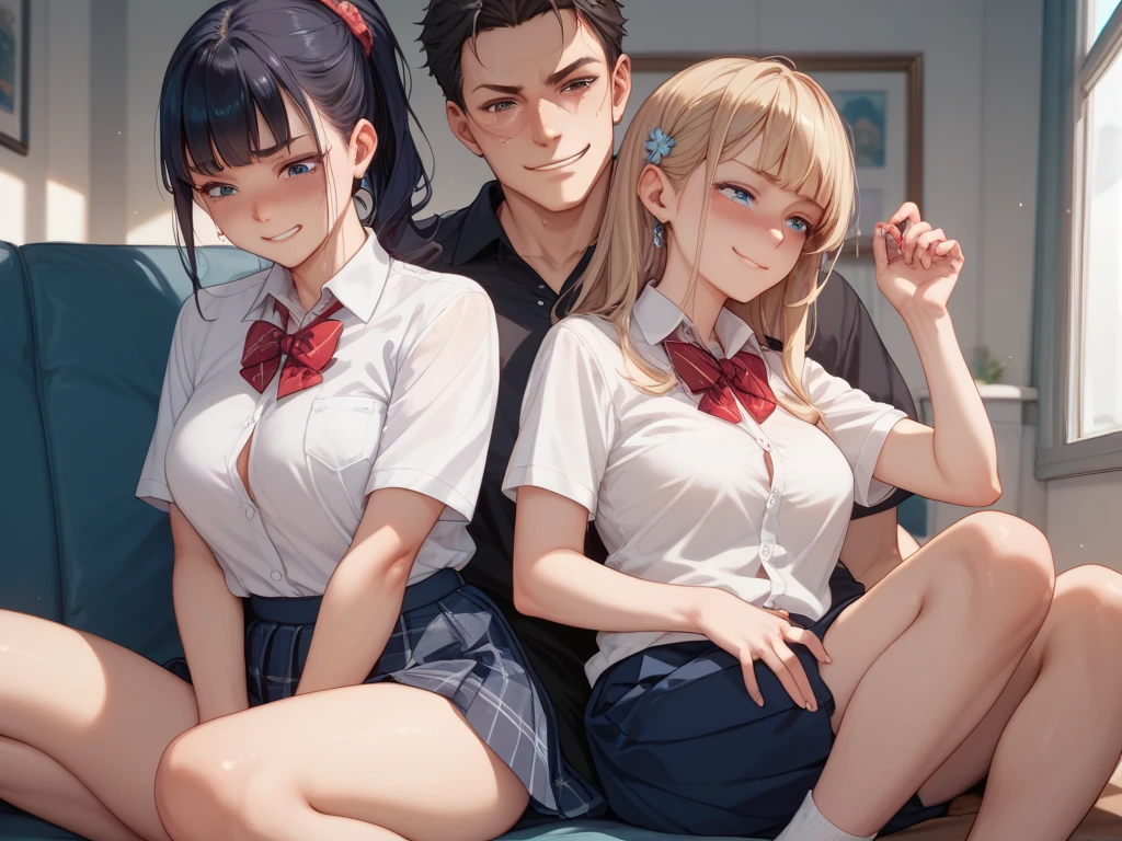 (1 man:1.8),The man is teacher,man is 50 year old,(man is smile:1.2),many is black shirt,(man show briefs:1.4),(the man is fullnude:1.2),2 girls,group,A good friend, office, sitting office chair, 15 year old, (Small breasts:1.3),(skinny:1.2),AKB48,nogizaka46,(navy blue blazer,white blouse,checked mini skirt,red ribbon,high school uniform:1.1),smile,beautiful girl,highest quality,High resolution,be familiar with,perfect anatomy,beautiful and fine eyes,(school:1.3),(classroom:1.5),(many student:2.0), Chair,Desk,laptop,(short ponytails:1.2),(black tights:1.2),(smile:1.2),(open legs:1.3),(cowboyshot:1.6),Young beauty spirit ,bsp,(full-face blush:1.5),(smile:1.2),anguish,(public indecency:1.0),(cry:1.2),(I'm on the phone:1.5),(front view:1.0),(Calling on smartphone:1.8),(hold a smartphone in hand:1.9),(handjob:1.5),(girl is fullnude:1.8),(show pussy:1.4),(skirt lift:1.4),