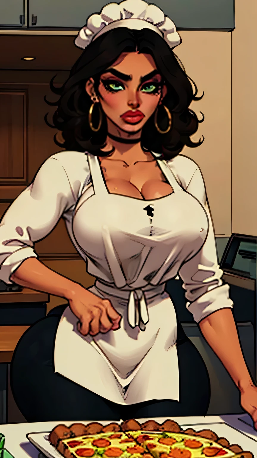 Denise Milani, pele escura, Sozinho, cabelo castanho, red scarf, white pinstripe stripe button shirt, Brown pants, curvado sobre uma mesa de sinuca, muitos clientes do bar olhando, olhando de volta para o visualizador