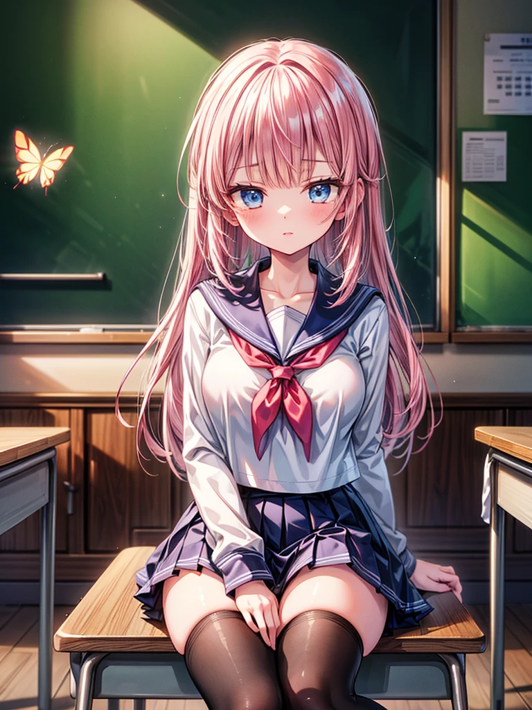 (((Japanese animation film))), ((Animation)), (Gal), Medium Length Hair, (Braided hair:1.3), (Bangs:1.2),Two-tone hair, Blonde hair, (Pink Hair), Round Face, Red Eyes, (Drooping eyes), (((we say))),Pink Lips,punching,necklace,[dark skin], A faint smile, ((((Lovely)))), fair, 1 girl, Solitary, (Cardigan:1.4), [Cleavage incision],fair background,(classroom:1.5),night,Sunlight,Backlight,masterpiece,best quality,Beautifully,8k,absurd,Super exquisite illustrations,(Looking at the audience)