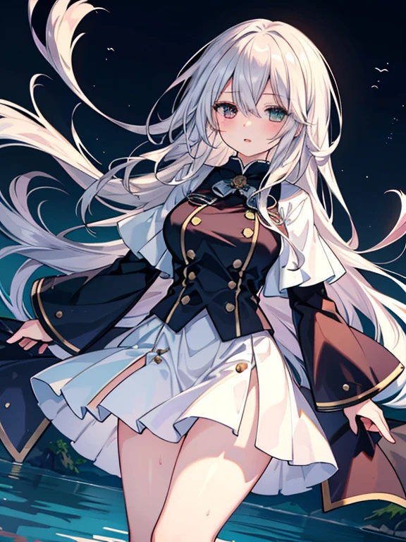 1girl, ahoge, belt, buttons, cloak, coat, dutch_angle, forest, gradient_hair, hair_between_eyes, hand_on_own_chest, hood, iwasaki_takashi, long_hair, long_sleeves, looking_at_viewer, multicolored_hair, nature, non-web_source, open_mouth, photoshop_(medium), plant, purple_eyes, scan, solo, translated, tree, tsurime, upper_body, white_hair, zero_(zero_kara_hajimeru_mahou_no_sho), zero_kara_hajimeru_mahou_no_sho
