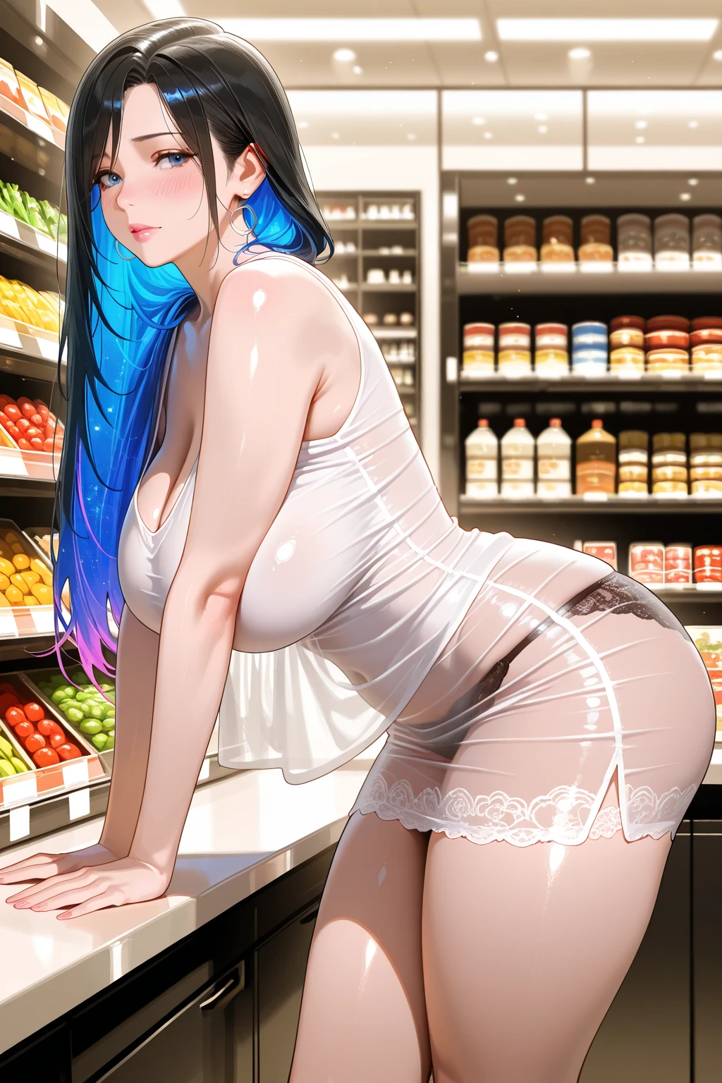 Highest quality、super high quality、16K, Delicious breasts、Nipples、topless、Completely naked、The expression is excited、The place is a convenience store、 Hair color is silver hair、The pose shows her pussy dripping with juice.、The distance is random、Angles are random、Small face、Very delicate facial expressions、Delicate eye depiction、Highly detailed hair、Erotic、18-year-old female、Glowing Skin、Soft Skin、The only sexy Japanese woman、Clothing: Underwear、Lower Body、1 female、Sexy ass、The focus is on the butt、焦点はLower Body、