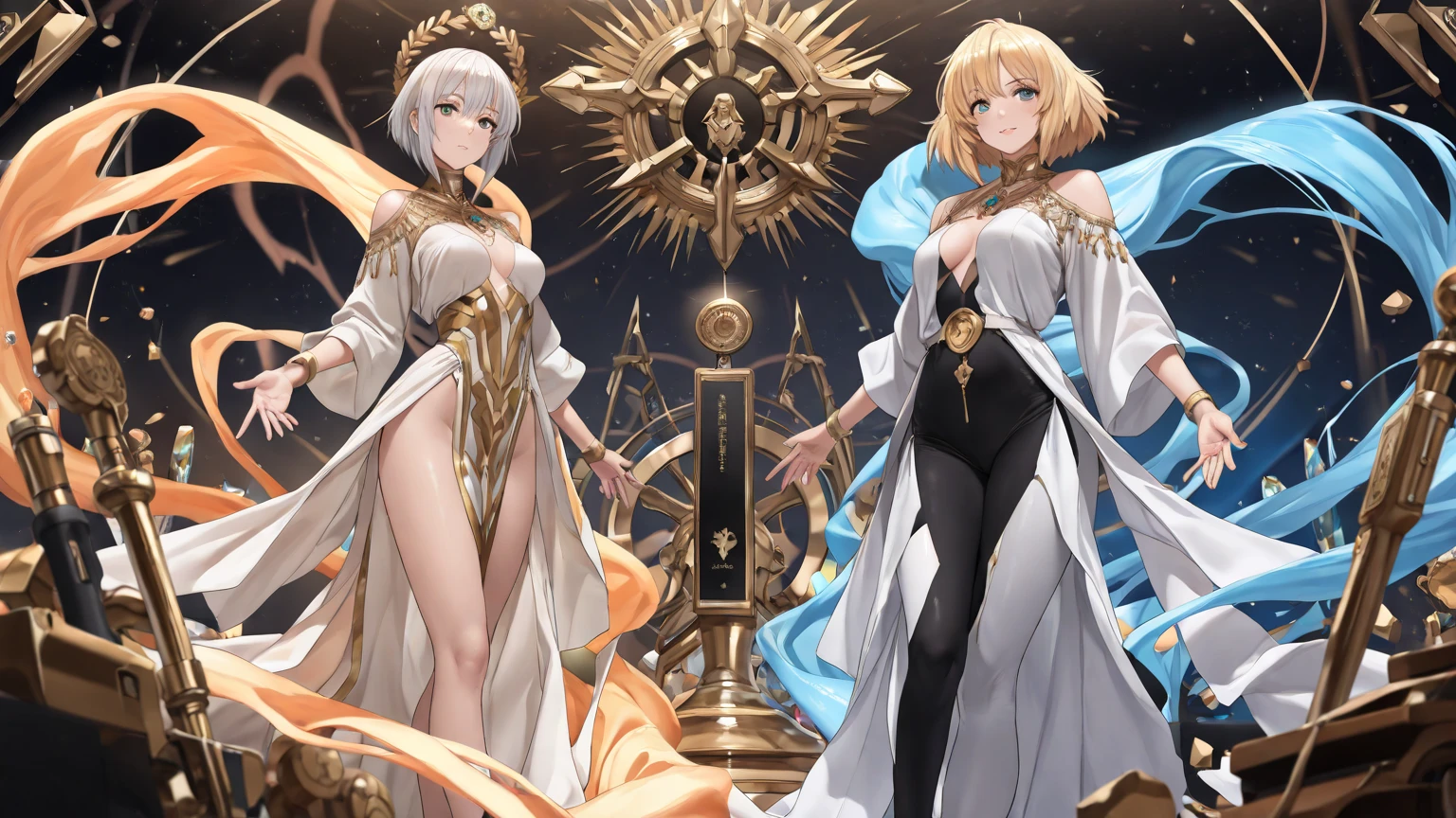 Buff, blonde, young lady, red eyes, short hair, on a white suit with golden details, with a cross necklace on the neck, front profile, christian, cultured, well dressed, fully dressed, non sexualized