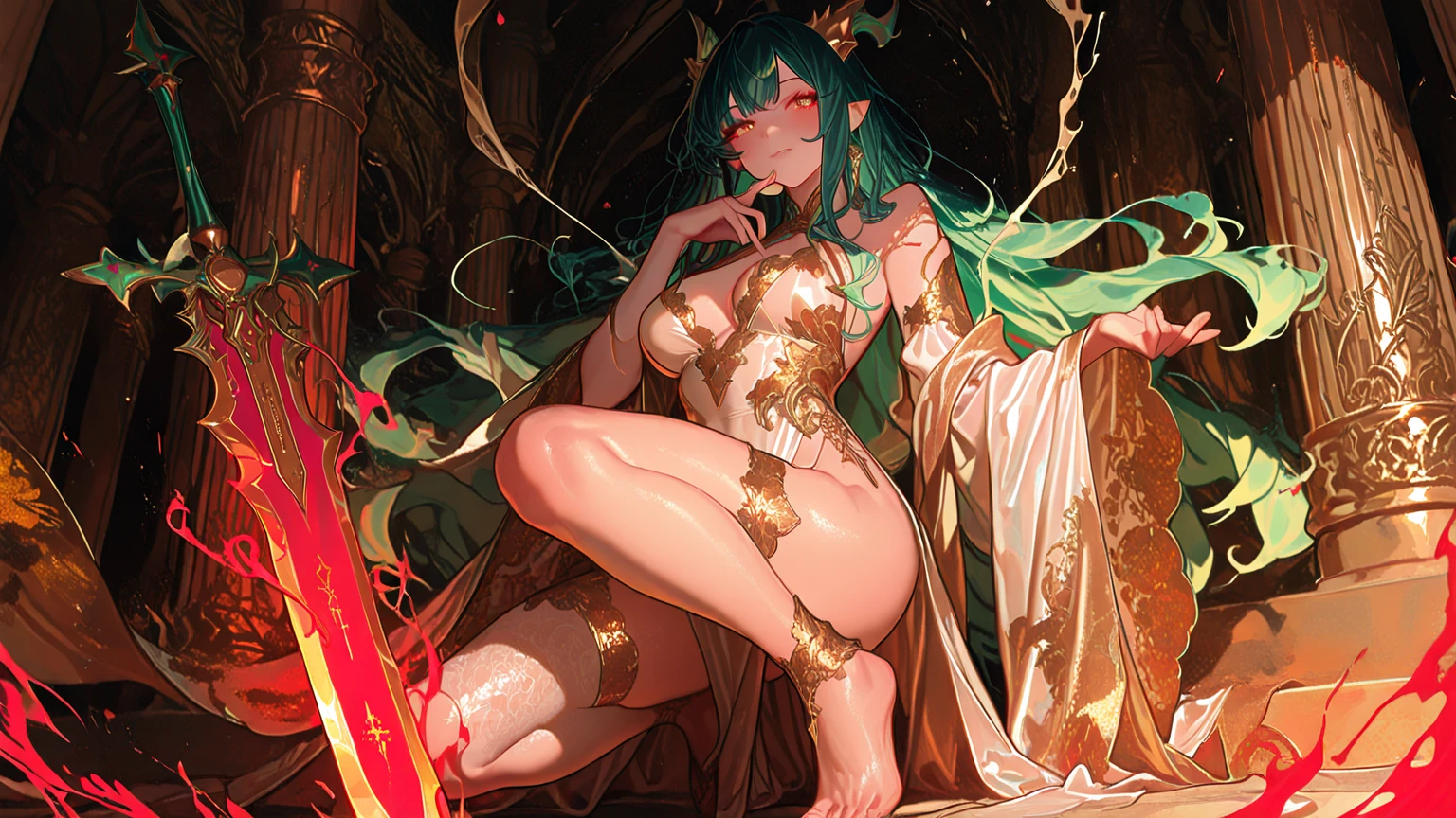 back view、(((spread legs)))、(((pubic hair)))、female organ、Carrying a cloak、(Green tattoo)、(((naked)))、beautiful beauty、Green hair short ponytail、((whole body))、(((photo taken from below)))、night sky、The background is a night forest