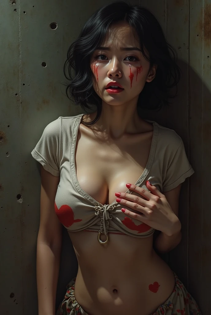 1 girl, realisitic, Raw photo, japanaese girl, (fullnude:1.9), (Beautiful and cute face:1.4), 18year old, bobhair, Black hair、(Inside a burning abandoned factory)、(Crucifixion to flaming steel engulfed in flames:1.8), (Tied to the steel frame with barbed wire:1.5), not any dressed