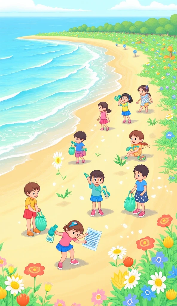 anime,cute,Children,Picking up rubbish,Ocean