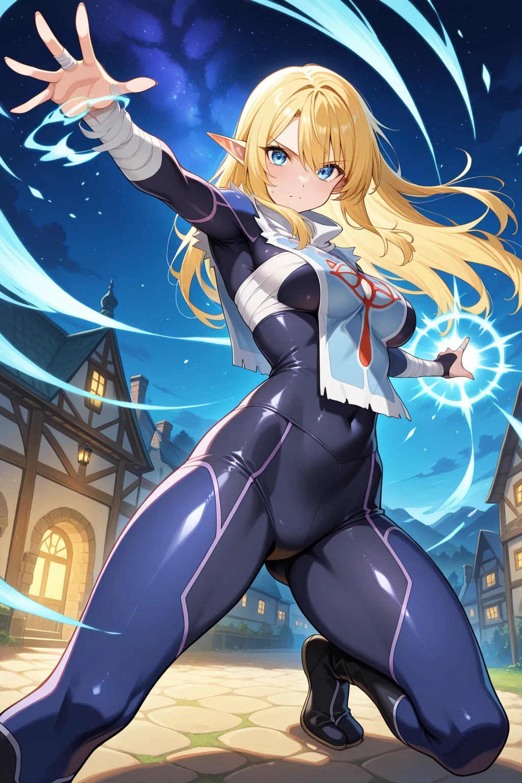 (1girl), (masterpiece), very detailed, colorful, empty background, pantyhose, stationary_restraints, fantasysword sword, blonde hair, long hair, glowing blue eyes, tan lines, black skin, sexy, mysterious, (magic), gold ornament , black and red bodysuit, glowing effect, fantasy, full body view, entire body angle, dynamic pose, dynamic angle, walking