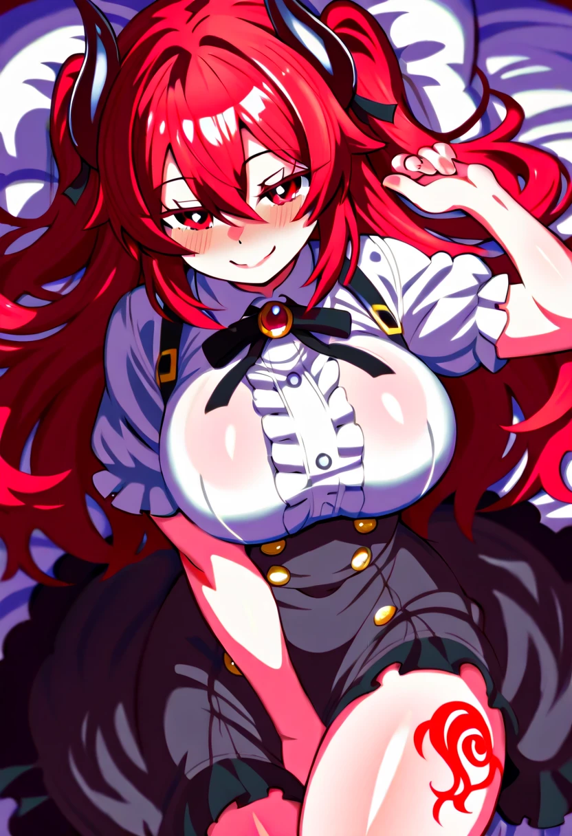 Rias Gremory from "Highschool Dxd", she is nude, she only wears blue panties, she has a pale perfect body, a fit atheltic one, her breast nipples are hard, her muscles are defined, she is smirking with her blue eyes, her long red hair, she is sitting on a bed