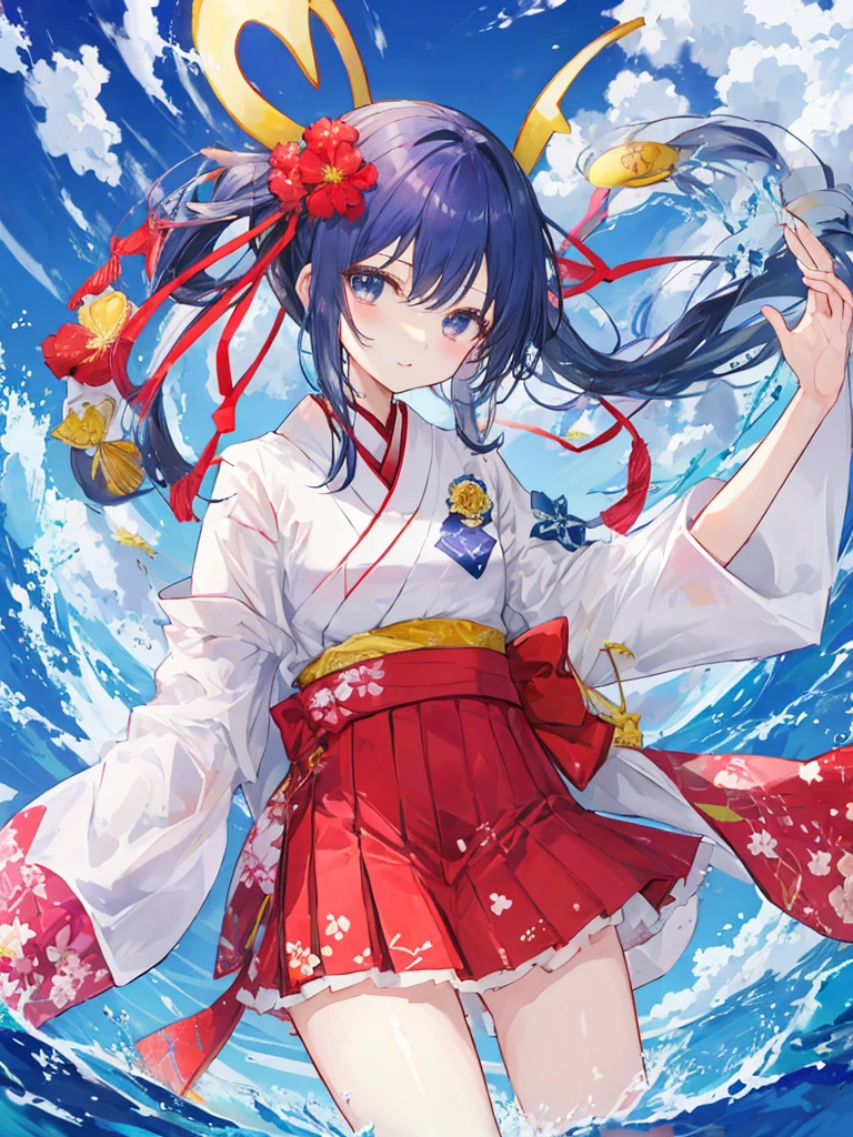 A logo、Street、a sticker、games 、a cool、ukiyoe painting、jpn、white and blue 、Cheerful and pretty girl