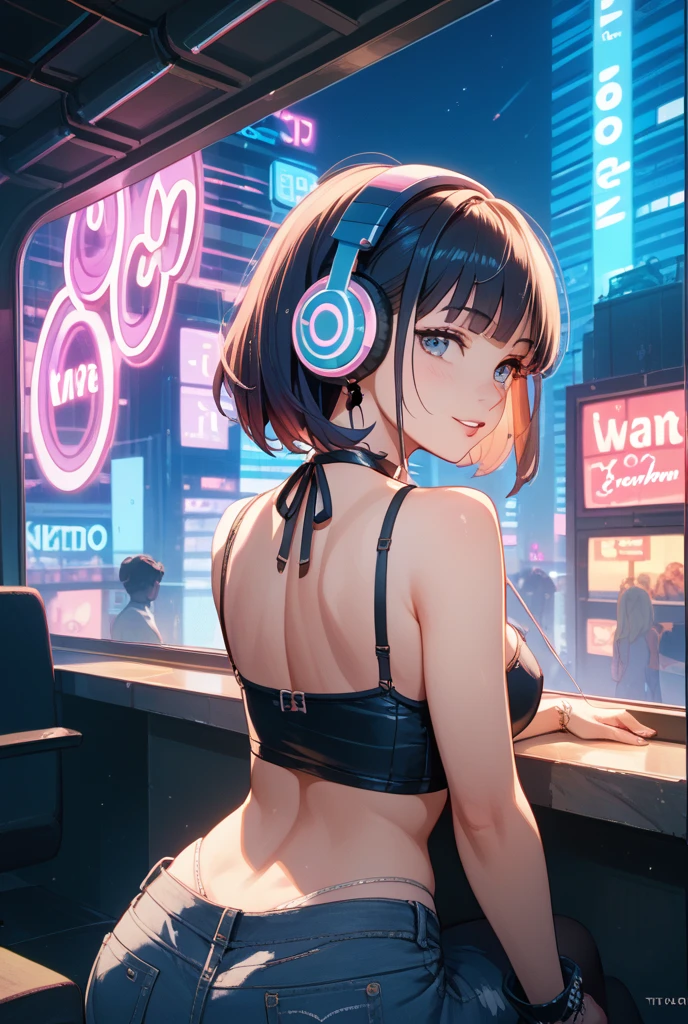 A woman wearing a white bikini and headphones、A beautiful night view behind、Big Breasts、sexy、Indoor pool with a night view、Moonlight、Unbuttoned、Downlight、full moon、Stylish interior、Ruby Eye、Woman lying on a vinyl boat、On all fours
