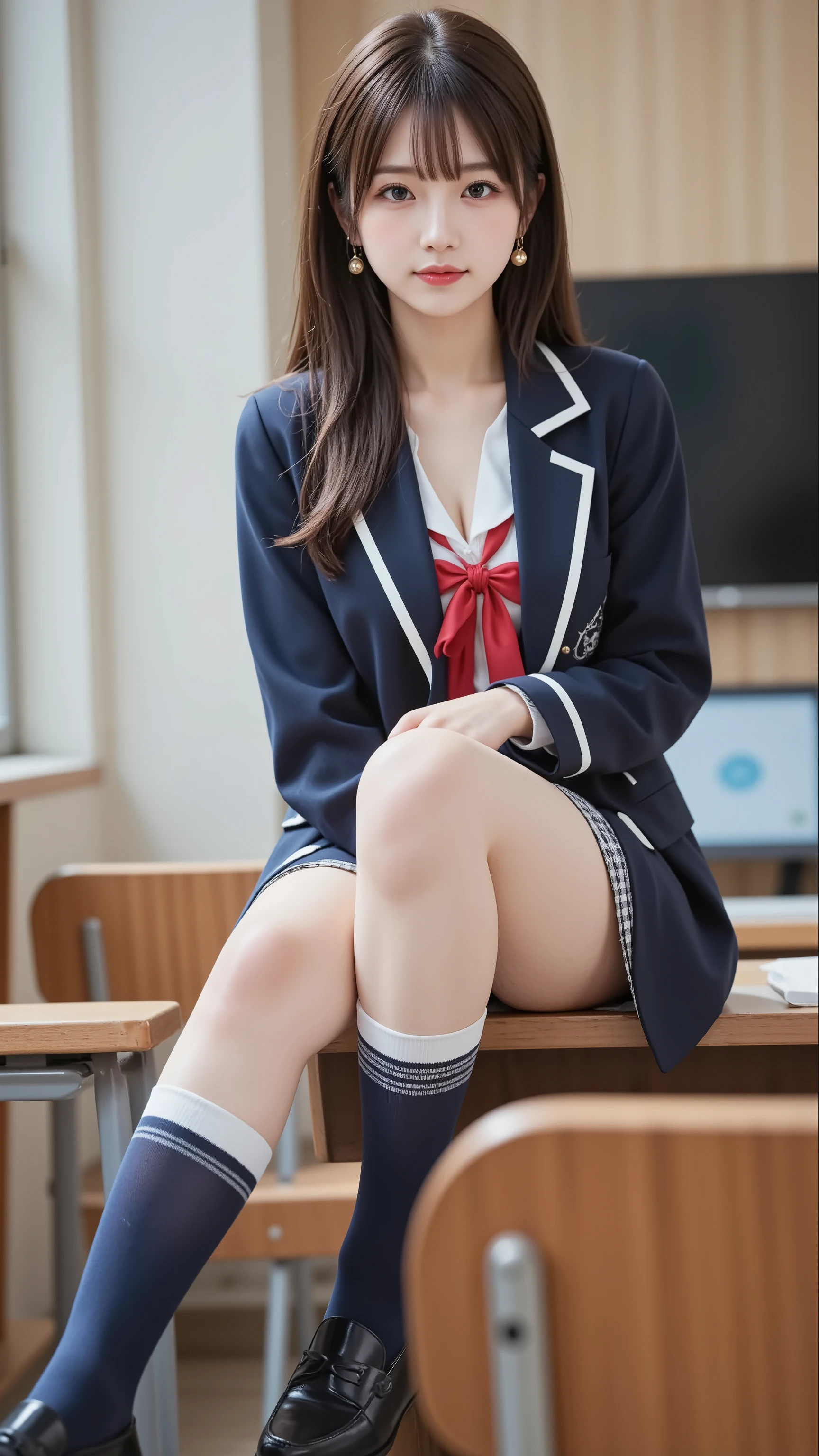 A pretty girl standing in a school classroom,Red Tie Uniform,Dark Blue Closed Blazer,blue plaid miniskirt,18-year-old,Brown hair short cut with side waves,best smile,thighs,knees,random pose,pretty girl,slender girl,I'm sitting on a desk in the classroom with my legs apart.,My skin is beautiful,wear black loafers,natural makeup, White panties are visible