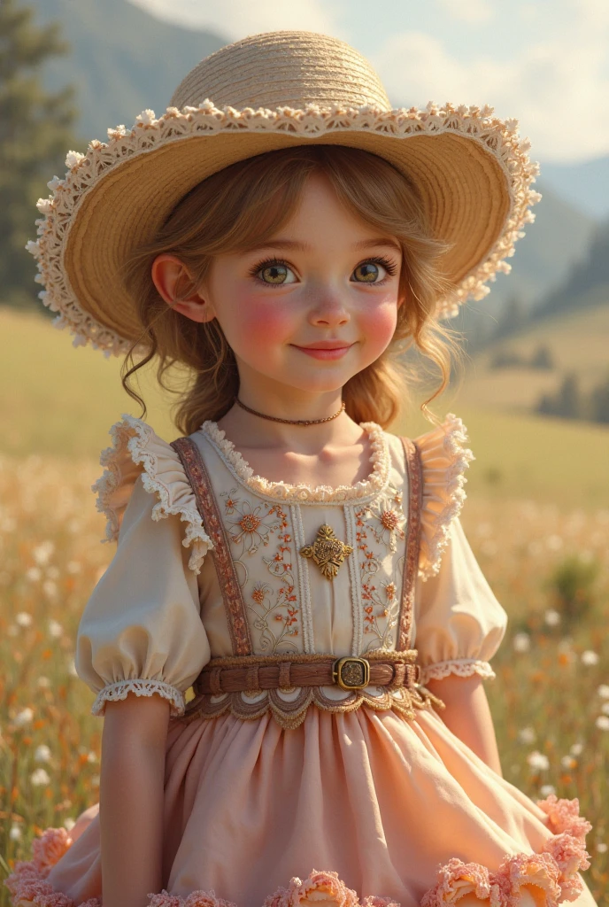 ((camponesa francesa)), a French countryside girl wearing a white blouse, brown corset, green skirt, and straw hat, standing in a wheat field, surrounded by countryside elements such as farm animals, wooden fence, and flowers, with a warm and nostalgic atmosphere, bright and natural lighting, and a soft focus.
